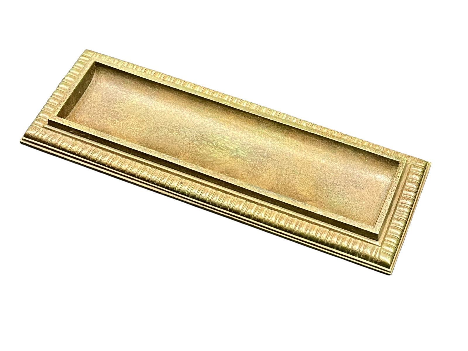 Tiffany & Co Brass/Bronze Desk Pen Tray: The image shows a classic Georgian-style solid brass letter plate and mail slot, designed for exterior front doors with a decorative fluted or reeded border. [1, 2]Material & Design: Crafted from