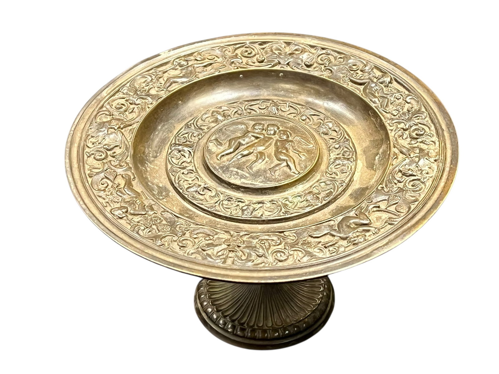 Tiffany & Co. Bronze Compote: This object is an antique Neoclassical pedestal dish or tazza, usually crafted from gilded brass or bronze during the late 19th to mid-20th century. [1, 2]Key Characteristics & FeaturesCentral