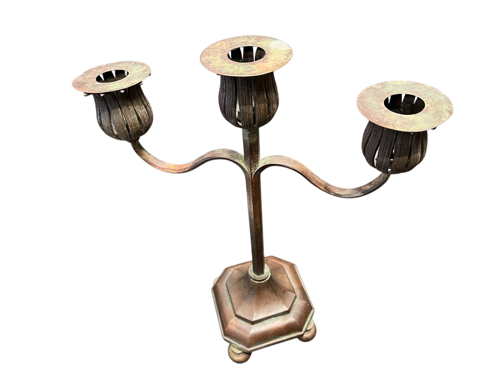 Tiffany & Co Brass/Bronze 3 ARm Candelabra: This three-light bronze and iron candelabra features a distinctive botanical design with tulip-shaped candle cups and an aged, patinated green and copper finish. [1]Design Features: Three curved candl