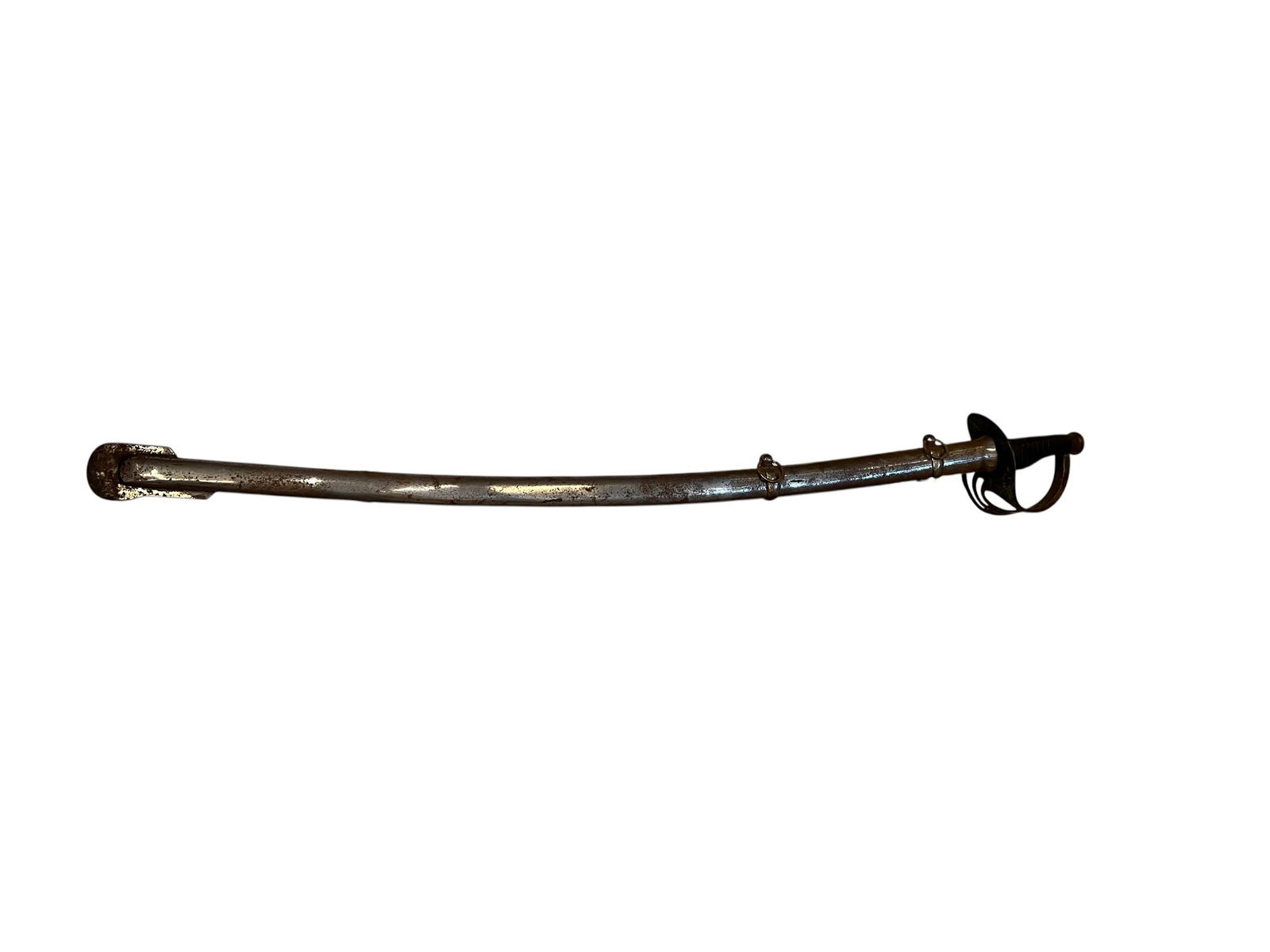 Military Officer’s Saber or Sword: The image displays an antique 19th-century military cavalry sabre with its matching metal scabbard, closely resembling a US Model 1840 ("Old Wristbreaker") or Model 1860 light cavalry saber.