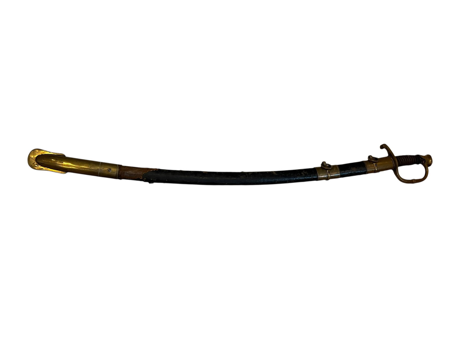 Artillery Officer’s Sword: The image displays a British 1803 Pattern Infantry Officer’s Sabre, recognizable by its distinctive curved blade, gilt-brass lion-head pommel, and leather scabbard with brass mounts. [1, 2, 3,