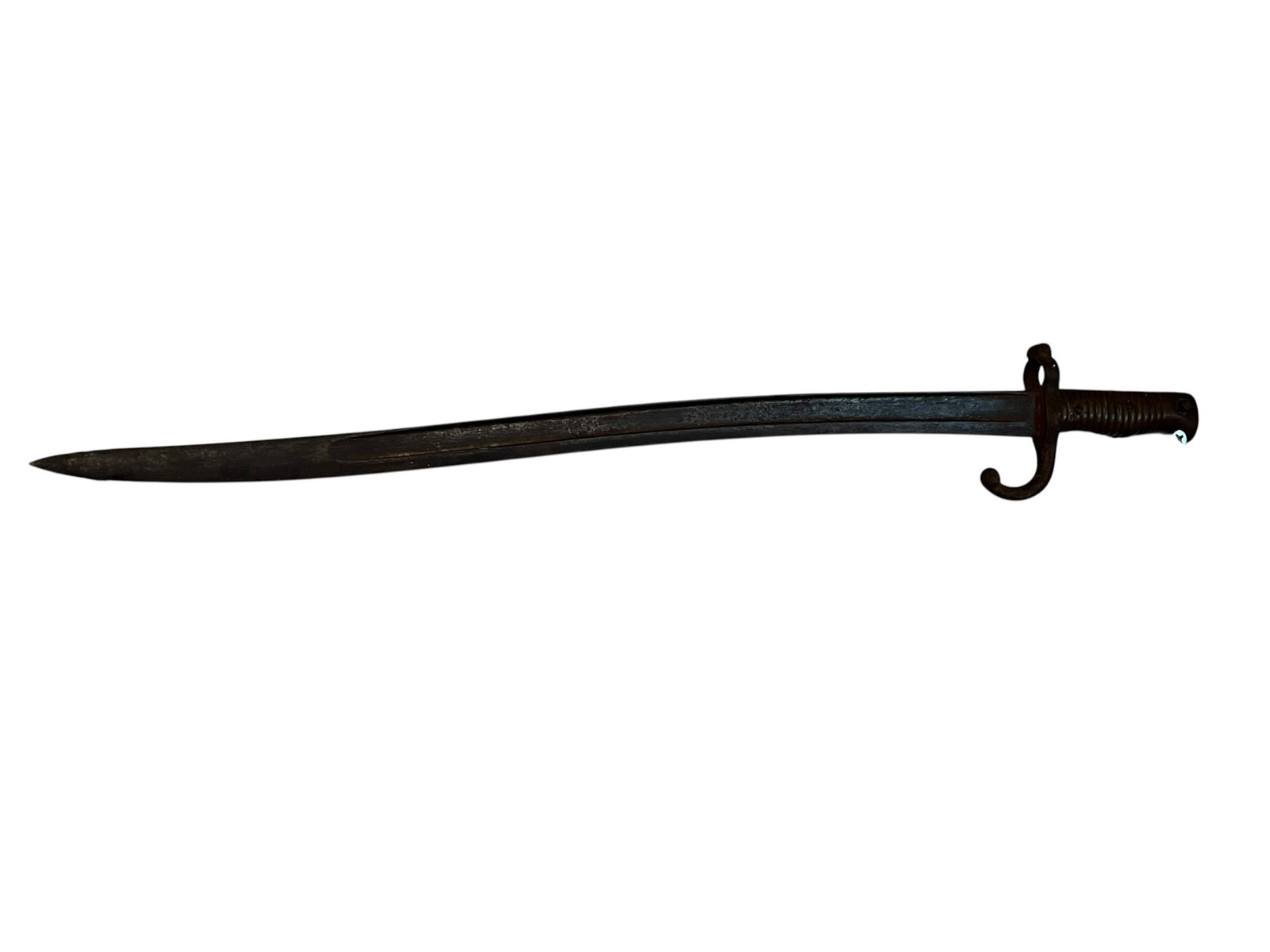 Brass Handled Bayonet for the Joslyn Rifle: The image shows an antique French Model 1866 Chassepot Yataghan Sword Bayonet, which was designed for use with the 11mm Chassepot needle-fire rifle during the Franco-Prussian War and the late 19th
