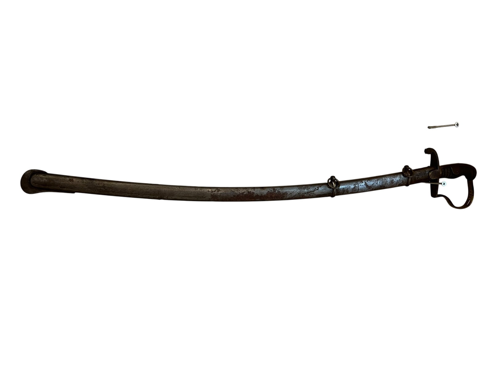 P Guard Militia Sword: The image shows a 19th-century military cavalry saber enclosed in a metal scabbard, featuring a curved profile, a single-ring or double-ring suspension mount on the scabbard, and a traditional guard/h