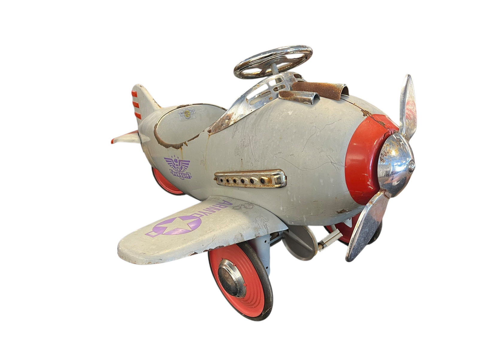 Peddle Car Airplane: This is a vintage Murray Steelcraft "Army Pursuit" pedal airplane, an iconic pressed-steel child's ride-on toy originally designed by renowned industrial designer Viktor Schreckengost in the early