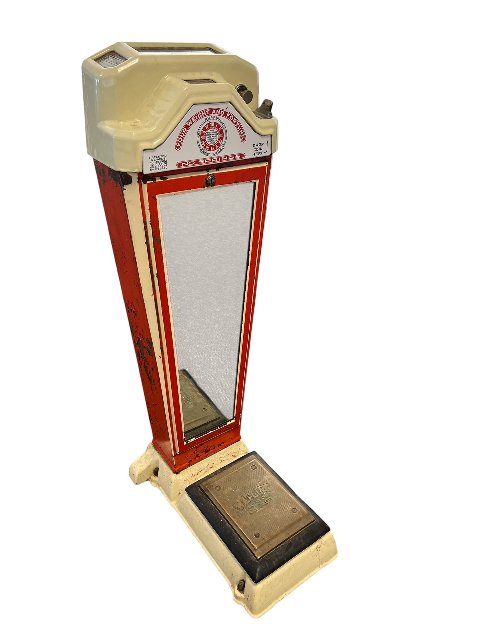 Watling “Your Weight and Horoscope?? Coin Operated Floor Scale: This vintage Art Deco coin-operated floor scale was manufactured by the Watling Scale Company of Chicago, Illinois, during the mid-20th century. Known as "Your Weight and Fortune" or horoscope