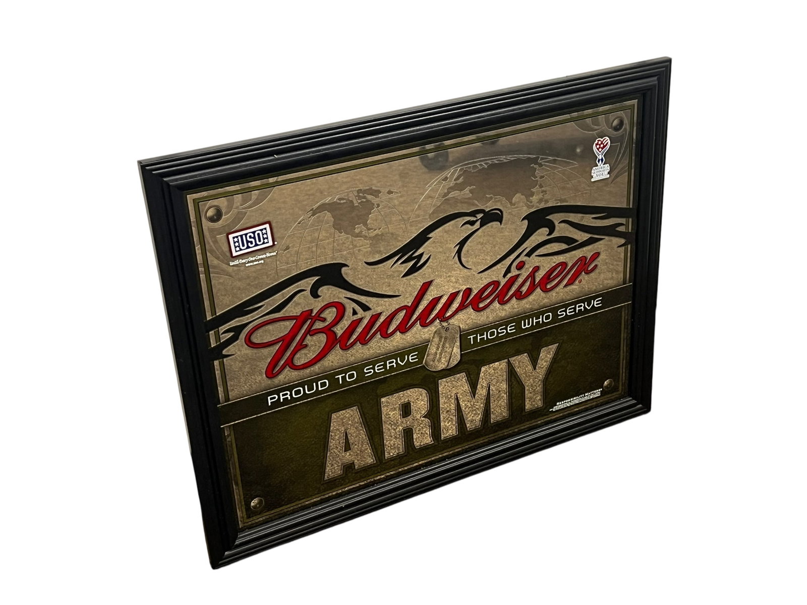 Budweiser Advertising Mirror: The pictured item is an official Budweiser "Proud to Serve Those Who Serve" Army Bar Mirror, featuring a branded USO partnership logo, metallic-flake graphics, and a black wood frame. [1, 2]Item Type: