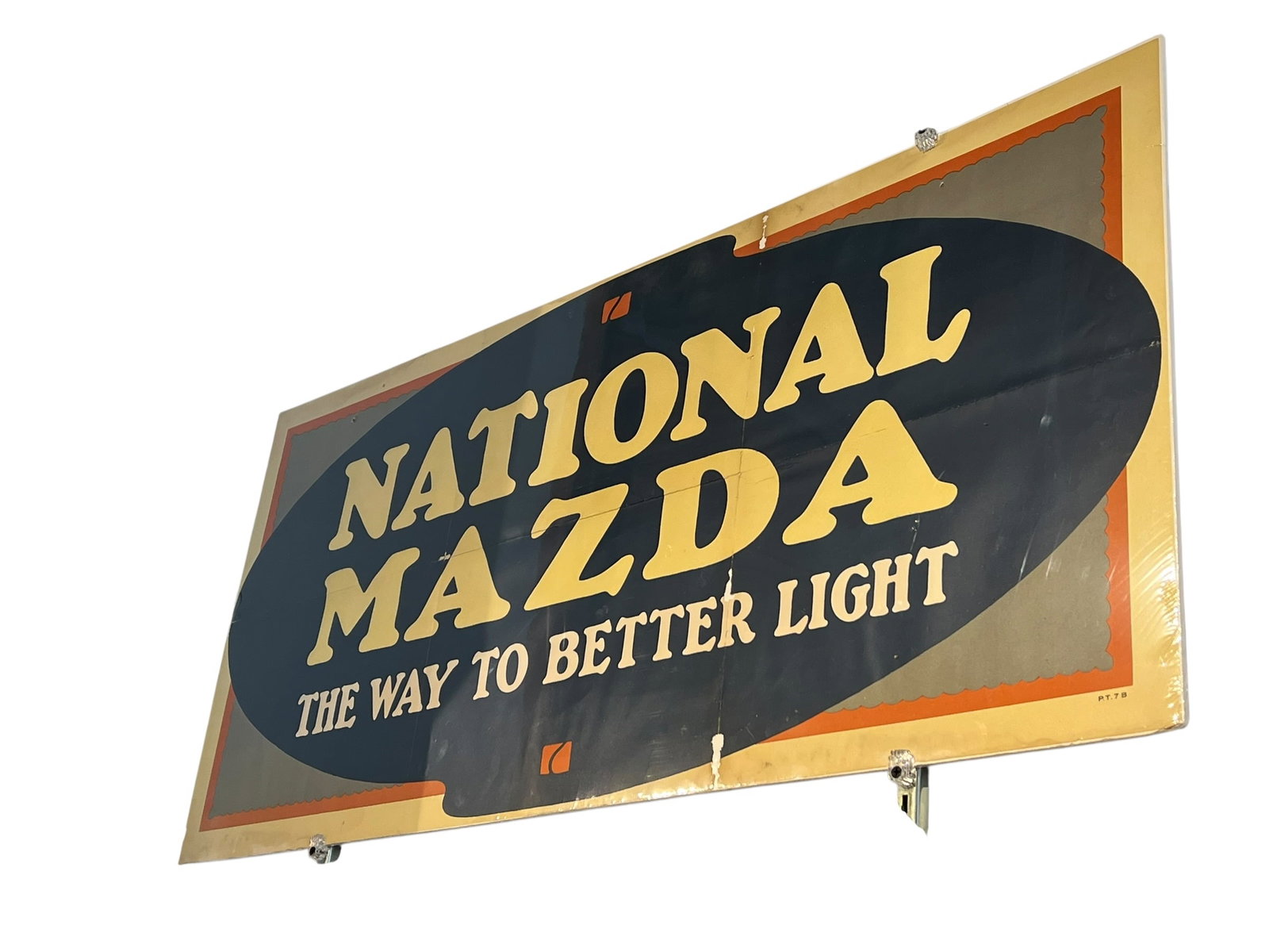 National Mazda Advertising Poster: This vintage National Mazda "The Way to Better Light" advertising sign dates from the early-to-mid 20th century, promoting tungsten-filament electric lamps produced under cooperative licensing by