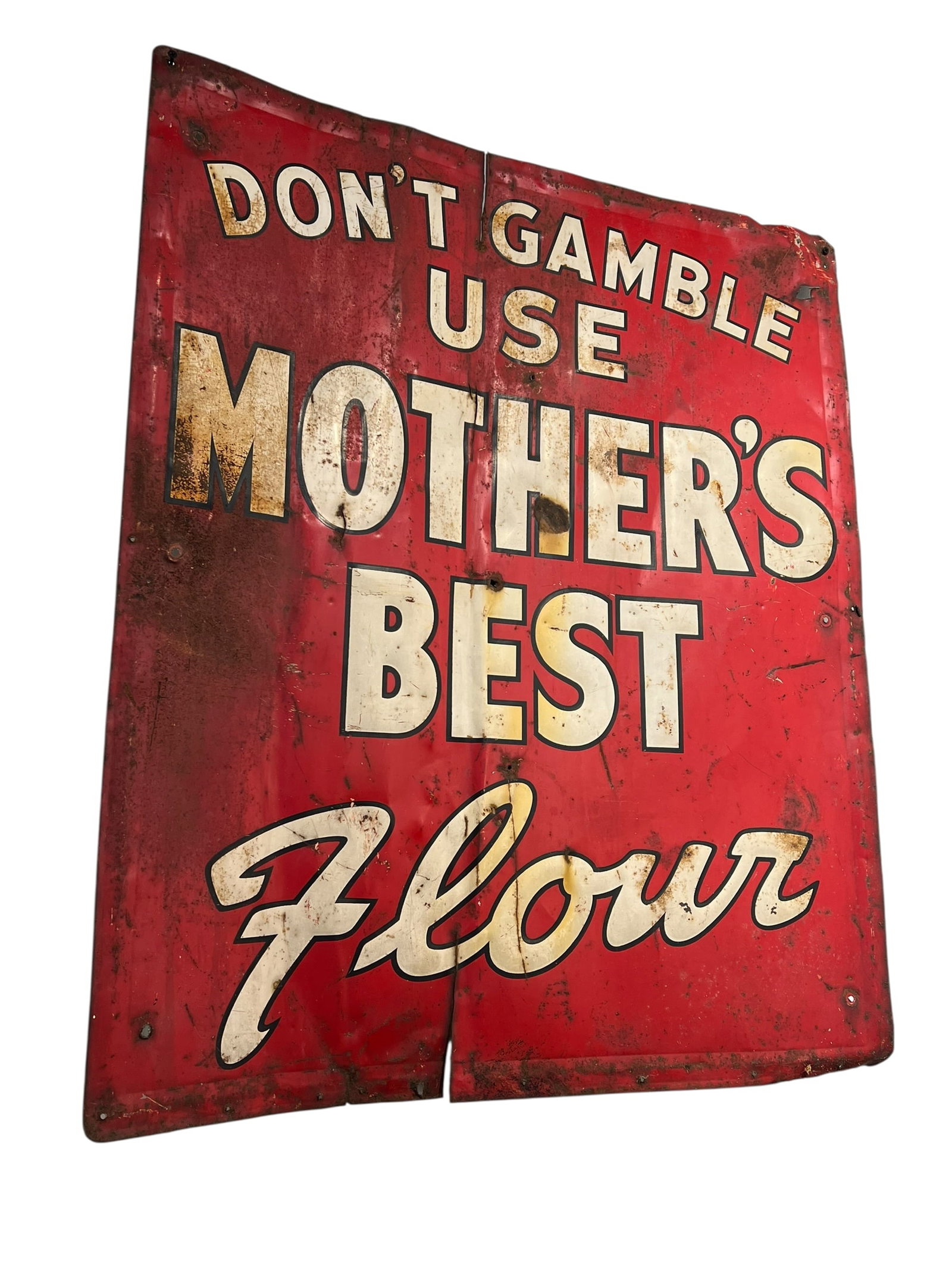 Mother’s Best Flour porcelain Advertising Sign vintage: This is a vintage "Don't Gamble Use Mother's Best Flour" single-sided metal advertising sign featuring distressed red paint and white lettering. [1]Item: Vintage Mother's Best Flour advertising