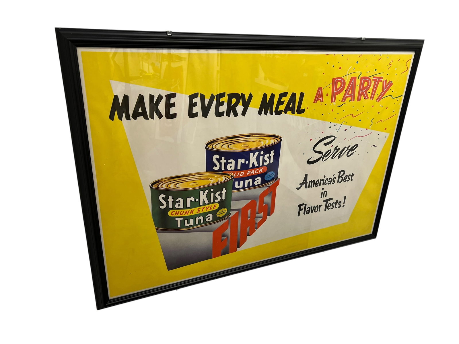 Starkist Tuna Metal Advertising Poster: This framed vintage 1950s Star-Kist Tuna advertisement lithograph features the iconic slogan "Make Every Meal a Party" with illustrations of early Chunk Style and Solid Pack cans. [1, 2]Era/Date: