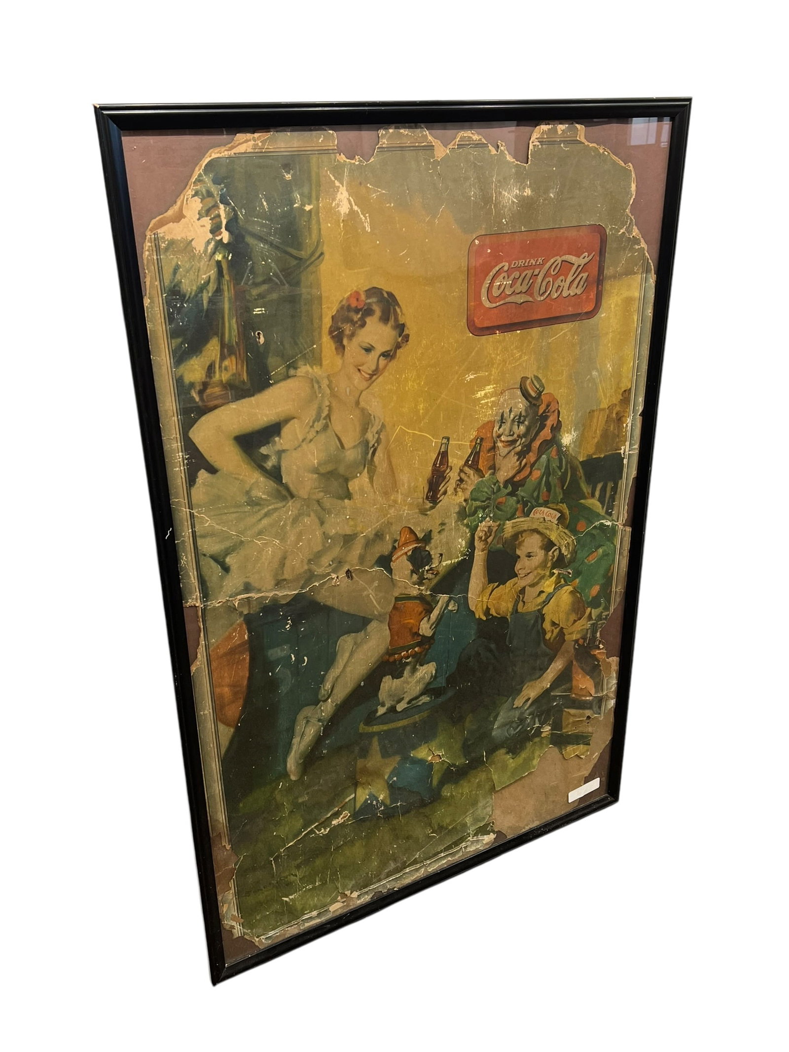 Early Coca Cola Advertising Poster: This item is a framed vintage 1936 Coca-Cola "Super Circus" advertising sign, featuring original artwork by Haddon Sundblom. [1]Subject Matter: Depicts a circus scene with a ballerina, a clown, a