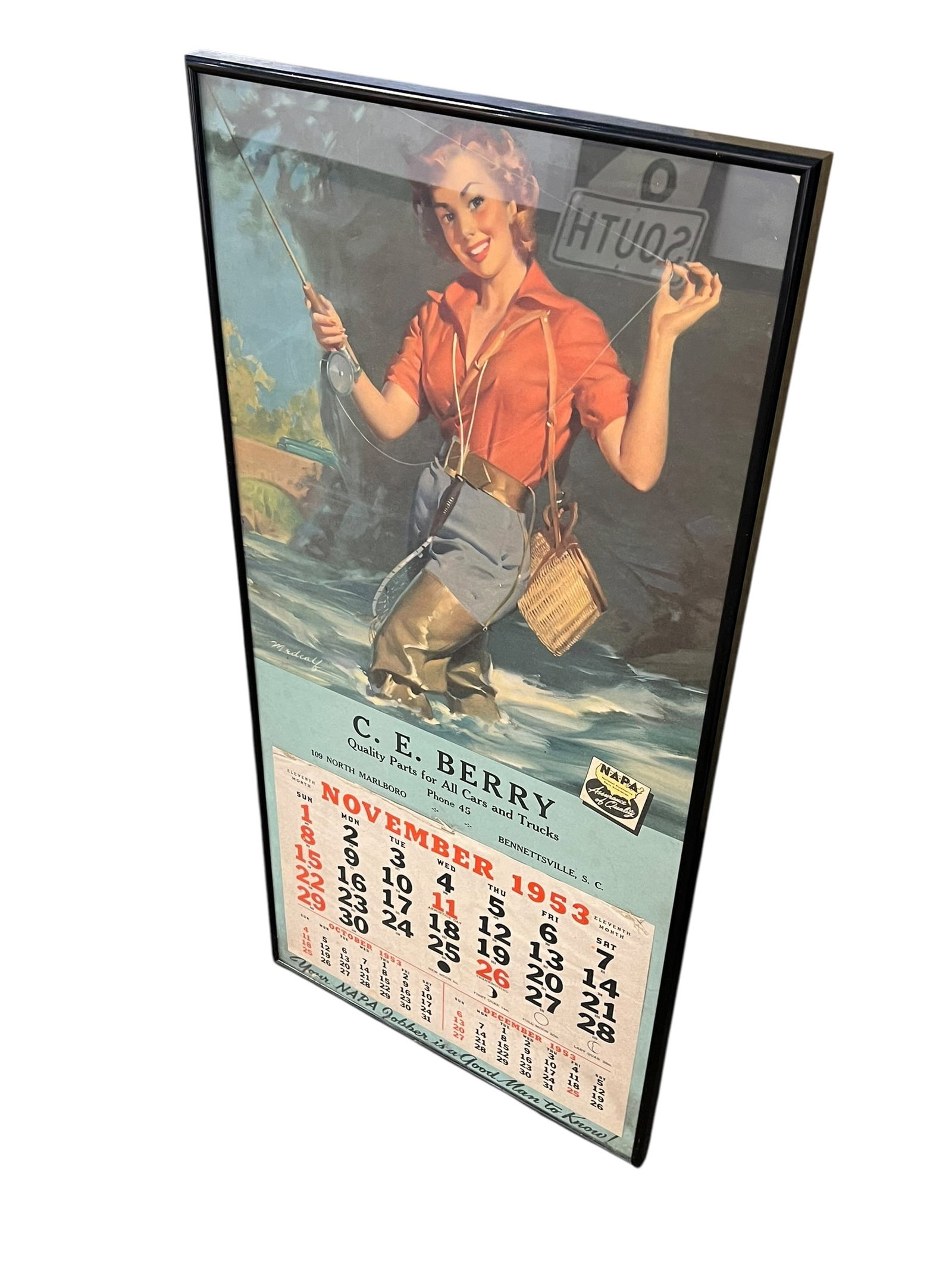 NAPA Advertising Calendar: This image features a vintage 1953 advertising calendar featuring classic pin-up artwork titled "A Good Sign" by renowned artist Gil Elvgren, customized for C. E. Berry Quality Parts in