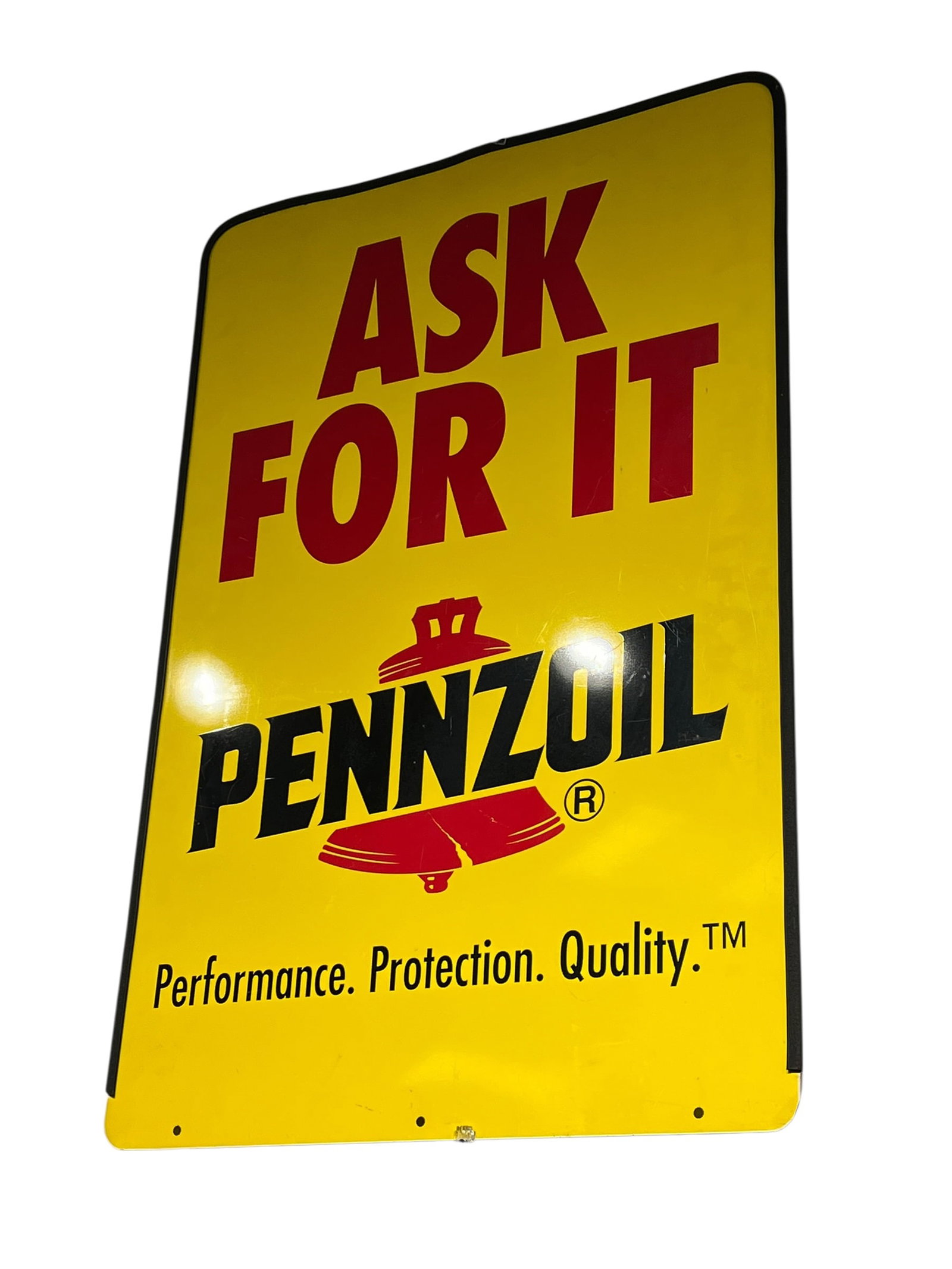 Panzoil Metal Advertising Sign: This metal Pennzoil "Ask for It" advertising sign features the iconic brand logo with the Liberty Bell and the classic "Performance. Protection. Quality." slogan. [1, 2, 3, 4, 5]Item Type: Vintage