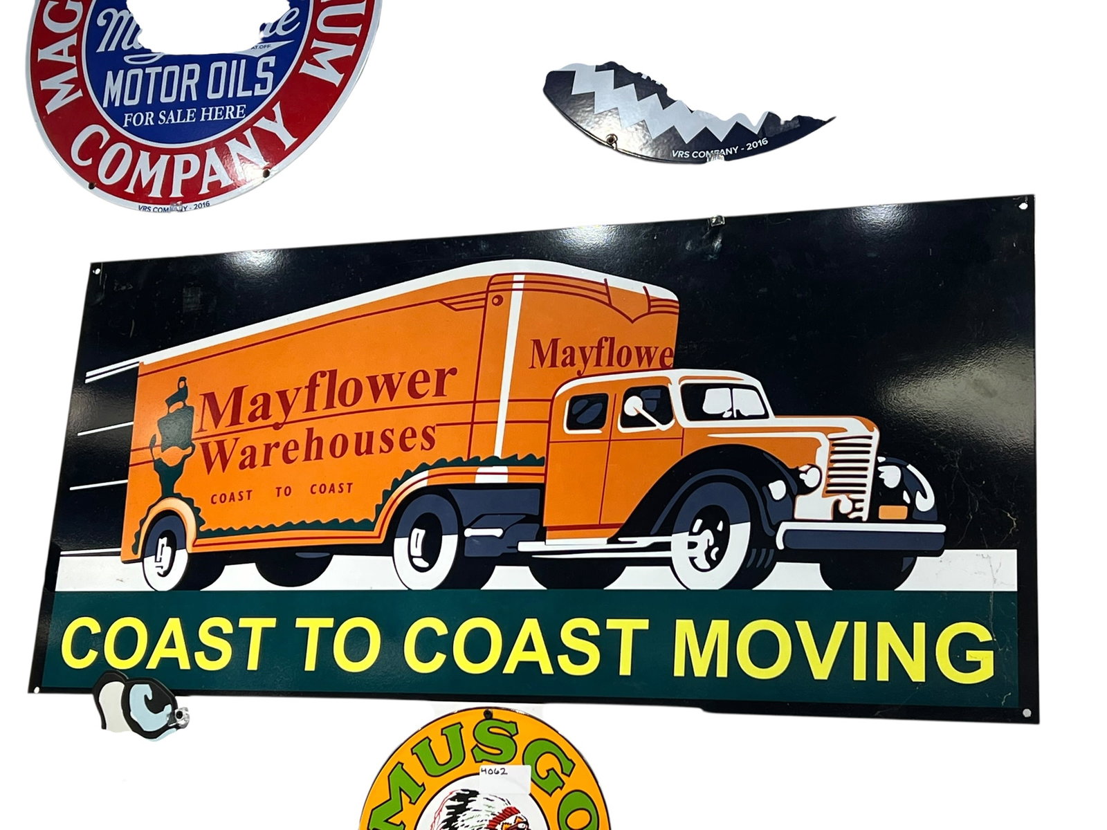 Mayflower Warehouses poreclain Advertising Sign: This vintage-style porcelain sign features a classic 1940s-era orange and black Mayflower Warehouses moving truck graphic with "Coast to Coast Moving" lettering. [1, 2]Mayflower Transit was founded