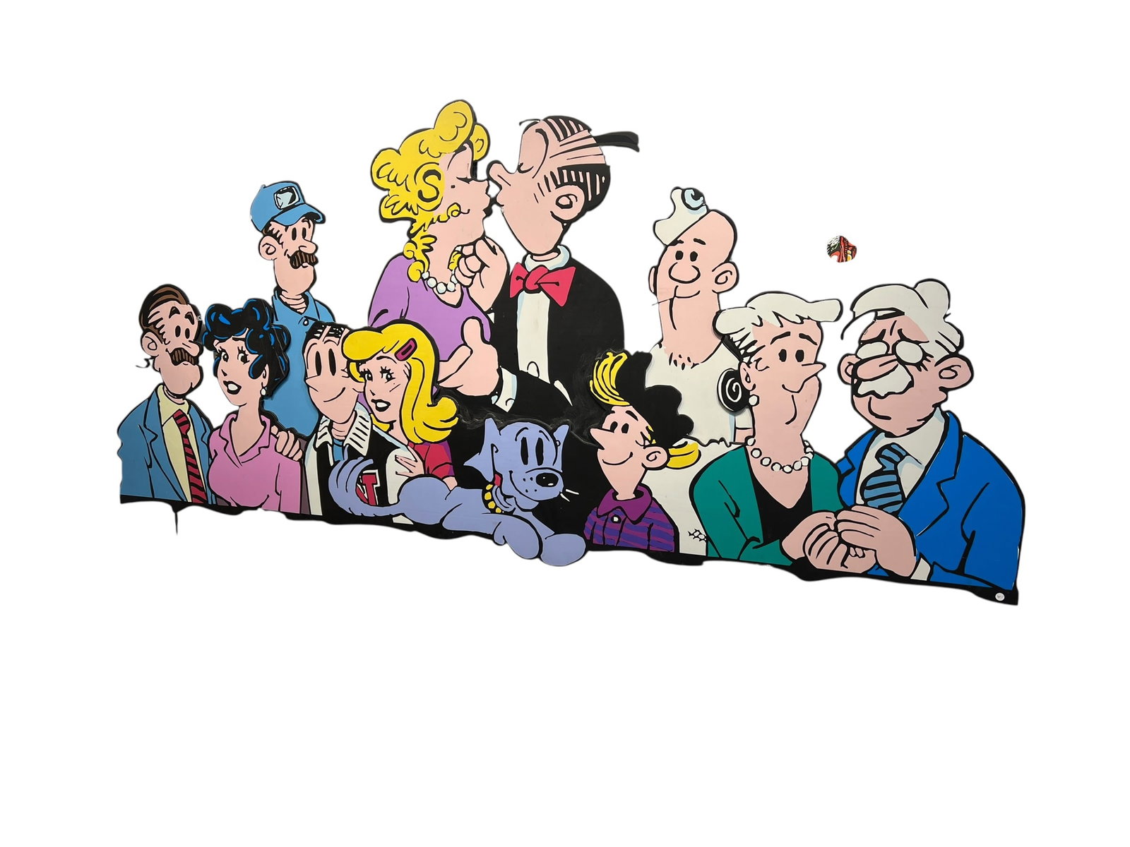 Dagwood and Blondie Cutout Display 10' long 3 pieces: This image displays an ensemble cut-out display of the classic American comic strip Blondie created by Chic Young, featuring core characters like Dagwood and Blondie Bumstead alongside their family,
