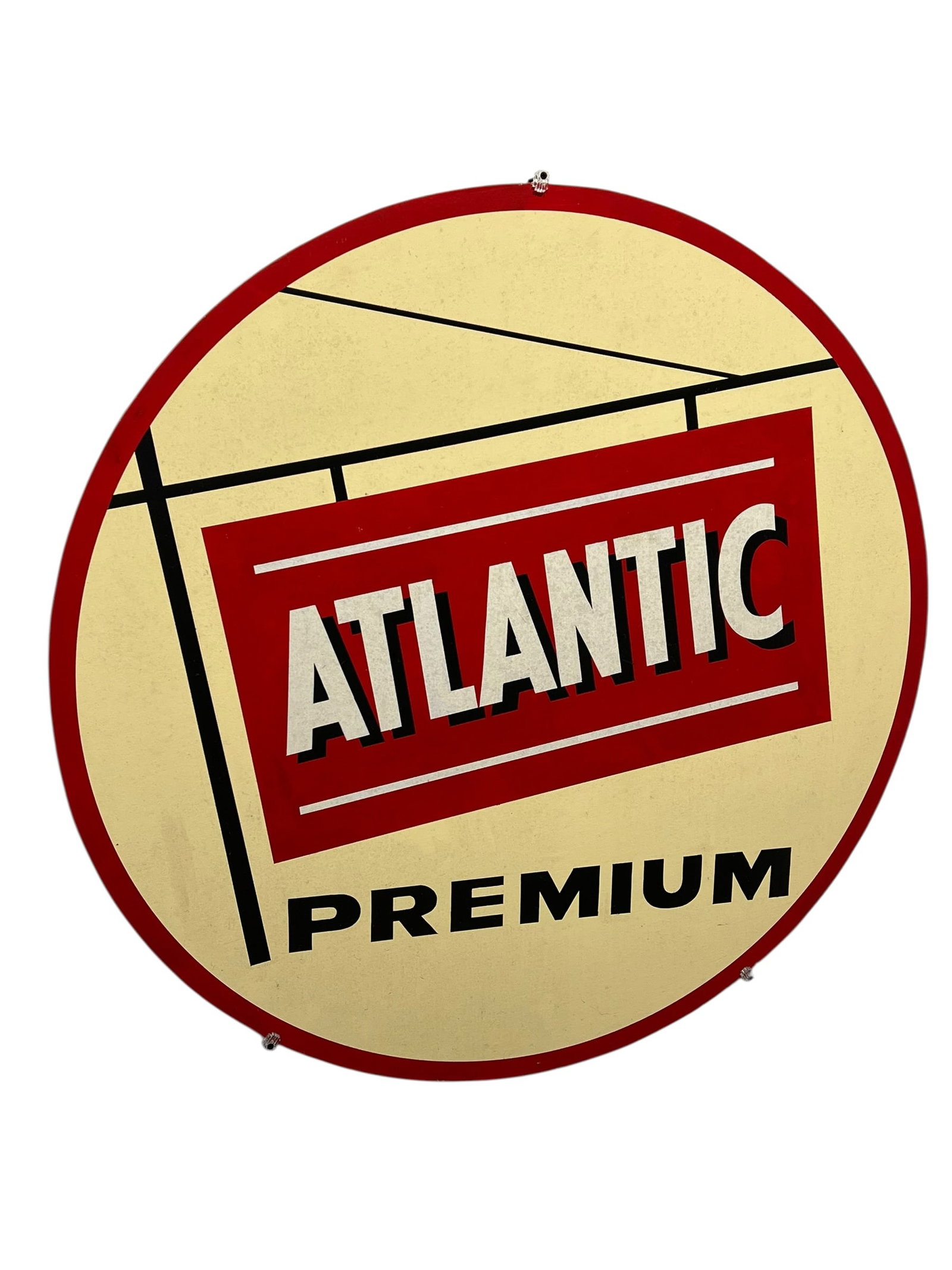 Atlantic Premium Advertising Sign: This is a vintage 1950s Atlantic Premium Gasoline single-sided porcelain (SSP) pump plate sign, typically measuring about 11 to 13 inches in diameter. [1, 2]Item Type: Original petroleum advertising