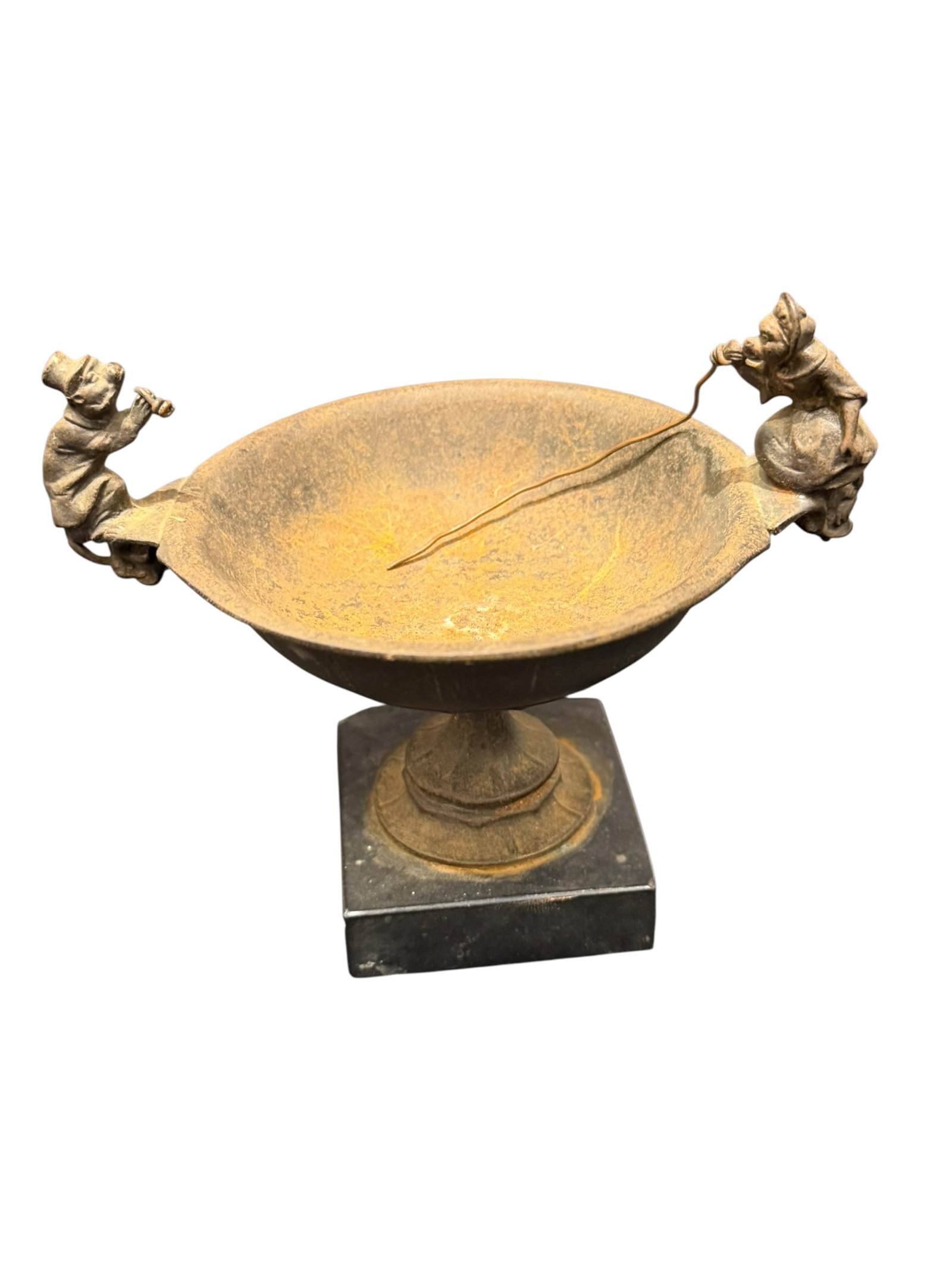 Iron Centerpiece Bowl Featuring Monkey Characters: This object is a 19th-century figural bronze and brass tazza or centerpiece bowl, raised on a square marble or slate base and featuring anthropomorphic animal or character sculptures on opposing handl