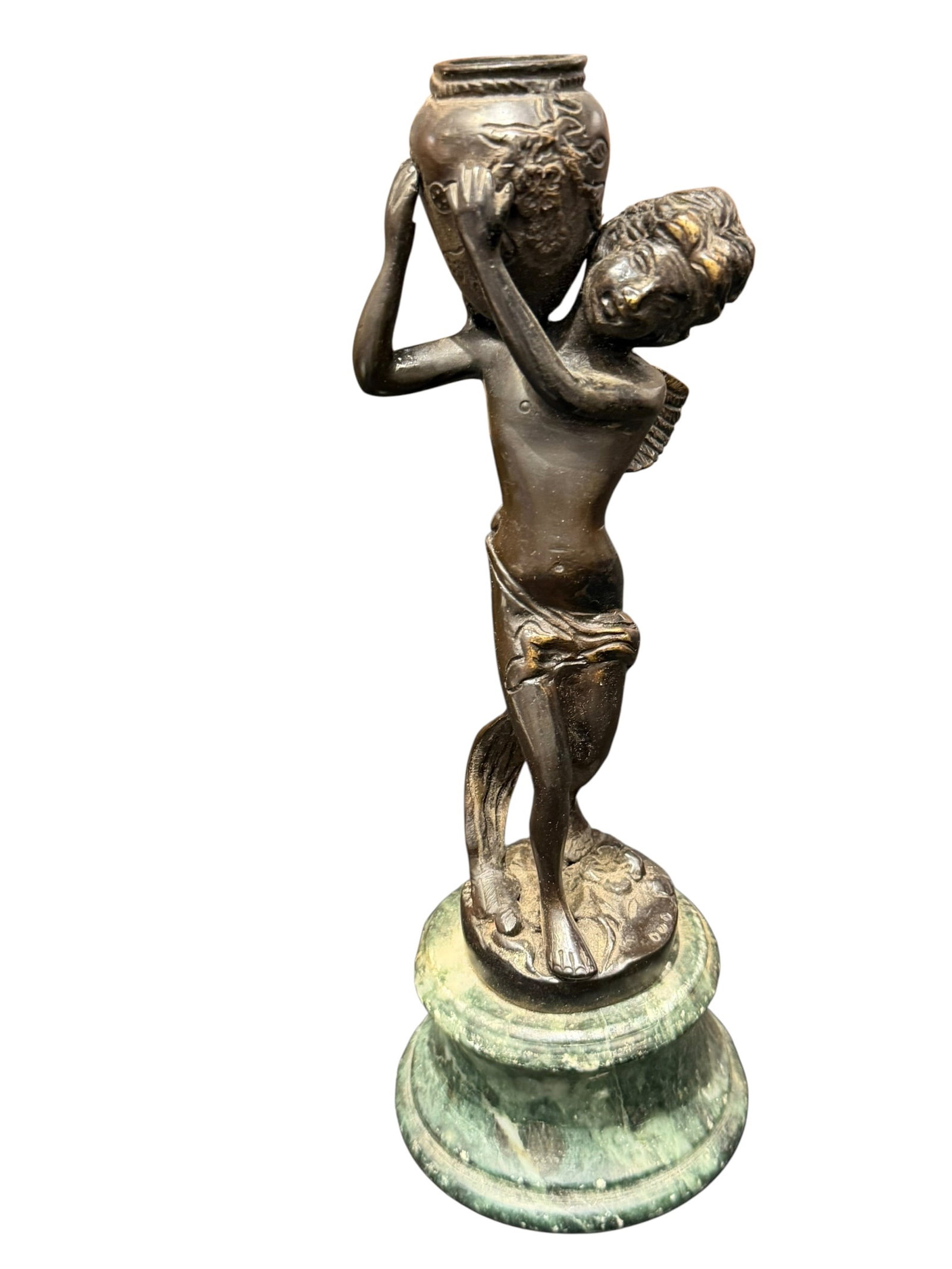 Vintage Drouot Bronze Figurine: This vintage cast bronze cherub or cupid figurine depicts a winged youth holding an ornate decorative urn and stands approximately 10 to 11 inches tall on a rounded green marble base. [1, 2]Key Featur
