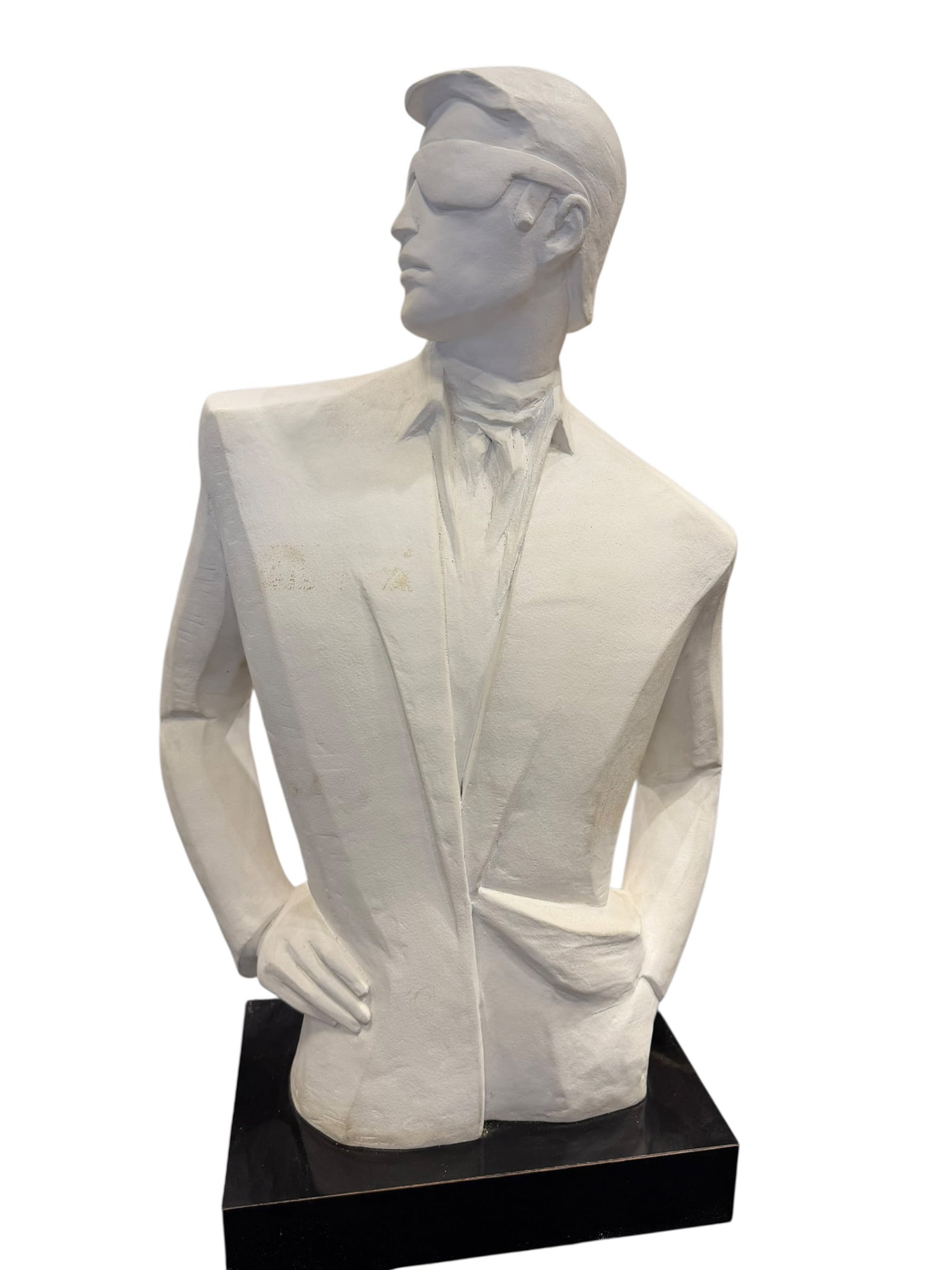 “Mysterious I?? Sculpture by David Fisher: The pictured item is the vintage 1987 "Mysterious I" postmodern figurative sculpture of a man in a suit and sunglasses, created by artist David Fisher for Austin Productions. [1]Overview &