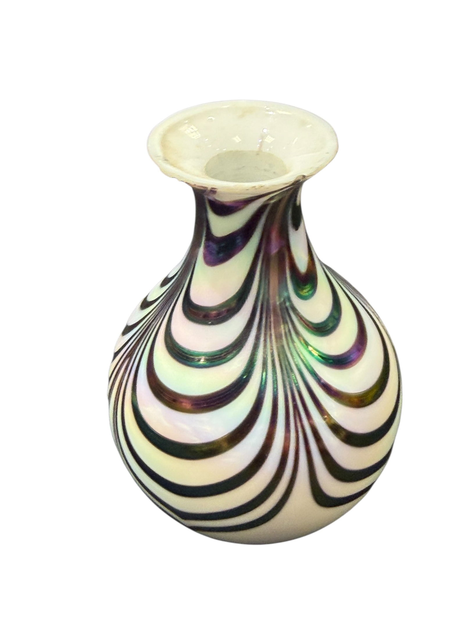 Signed Steuben Art Glass Vase: This pear-shaped art glass mini vase features a white iridescent body adorned with a striking pulled-feather or draped swirl pattern in metallic purple, green, and black tones.Style & Design: Hand-blo