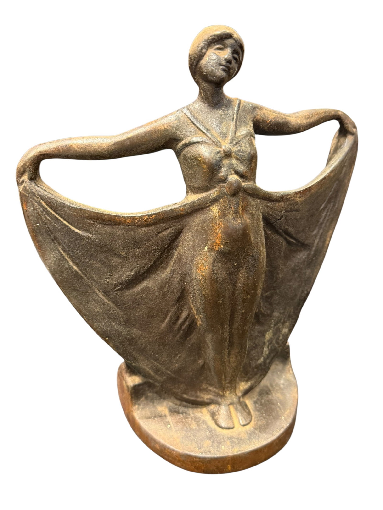 Art Deco Cast Iron Doorstop: This object is an antique Art Deco cast iron or bronze-finish dancing lady figurine, widely produced during the 1920s and 1930s as a decorative doorstop, bookend, or tabletop sculpture often attribute