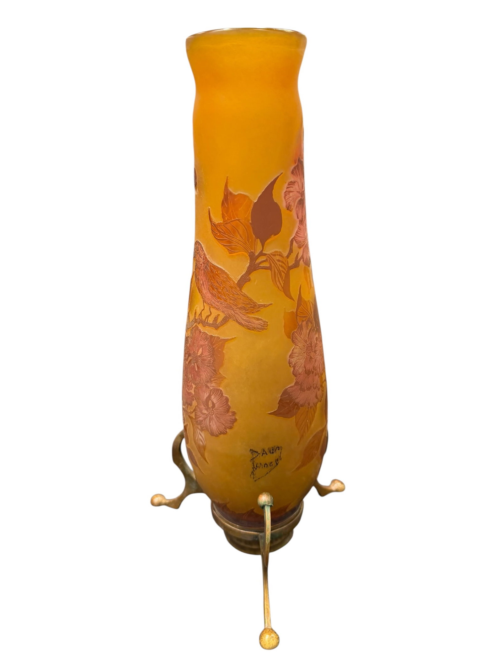 Daum Nancy Art Nouveau Glass Vase: This is an antique Art Nouveau acid-etched cameo glass vase by Émile Gallé (or the Établissements Gallé) from the early 20th century, featuring a naturalistic floral and bird motif on an amber-ora