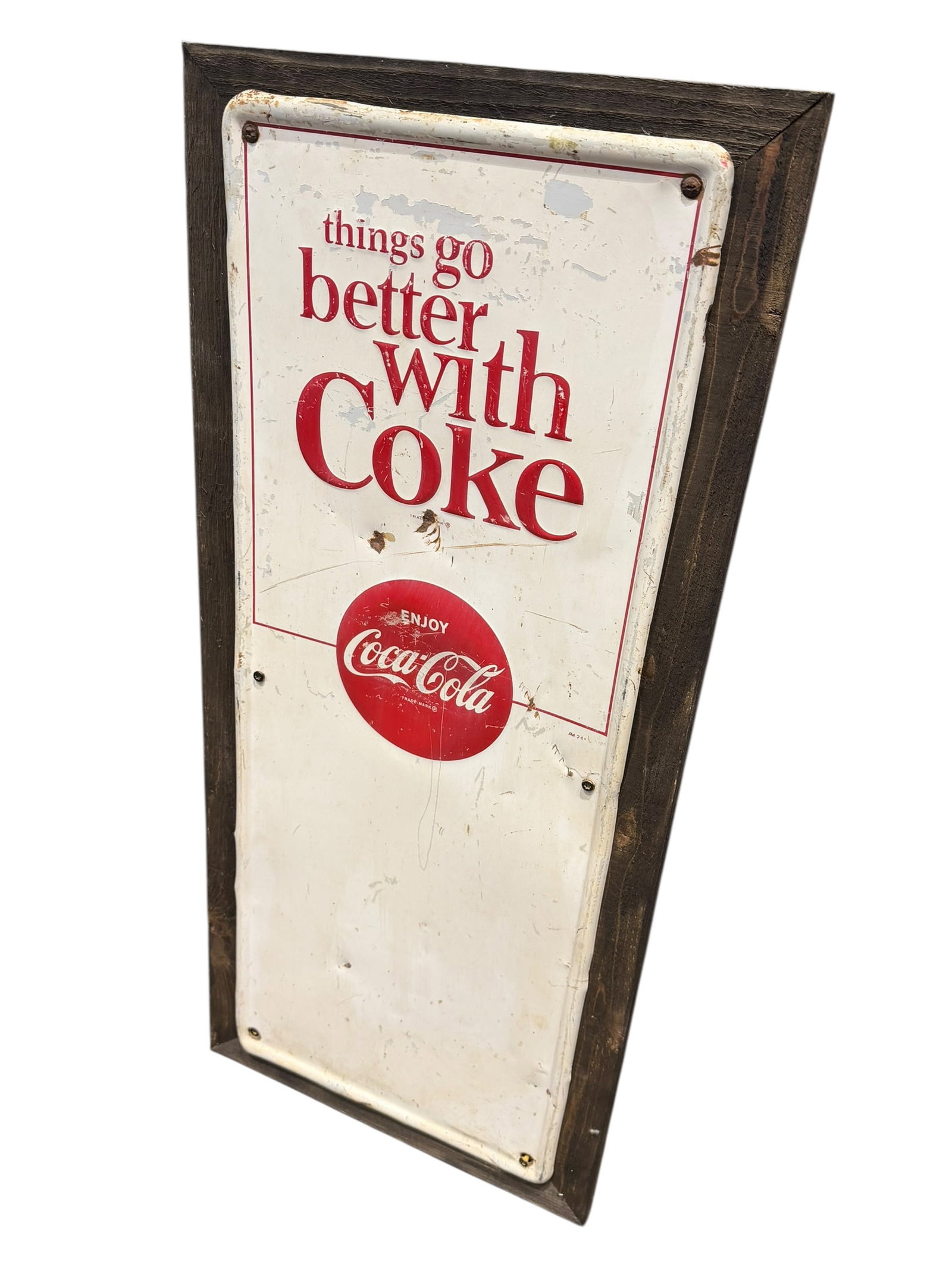 Things Go Better With Coke Advertising Sign: This is a vintage 1960s Coca-Cola vertical metal sign featuring the iconic advertising slogan "Things Go Better with Coke" and the classic red circle "Enjoy Coca-Cola" logo, displayed inside a custom 
