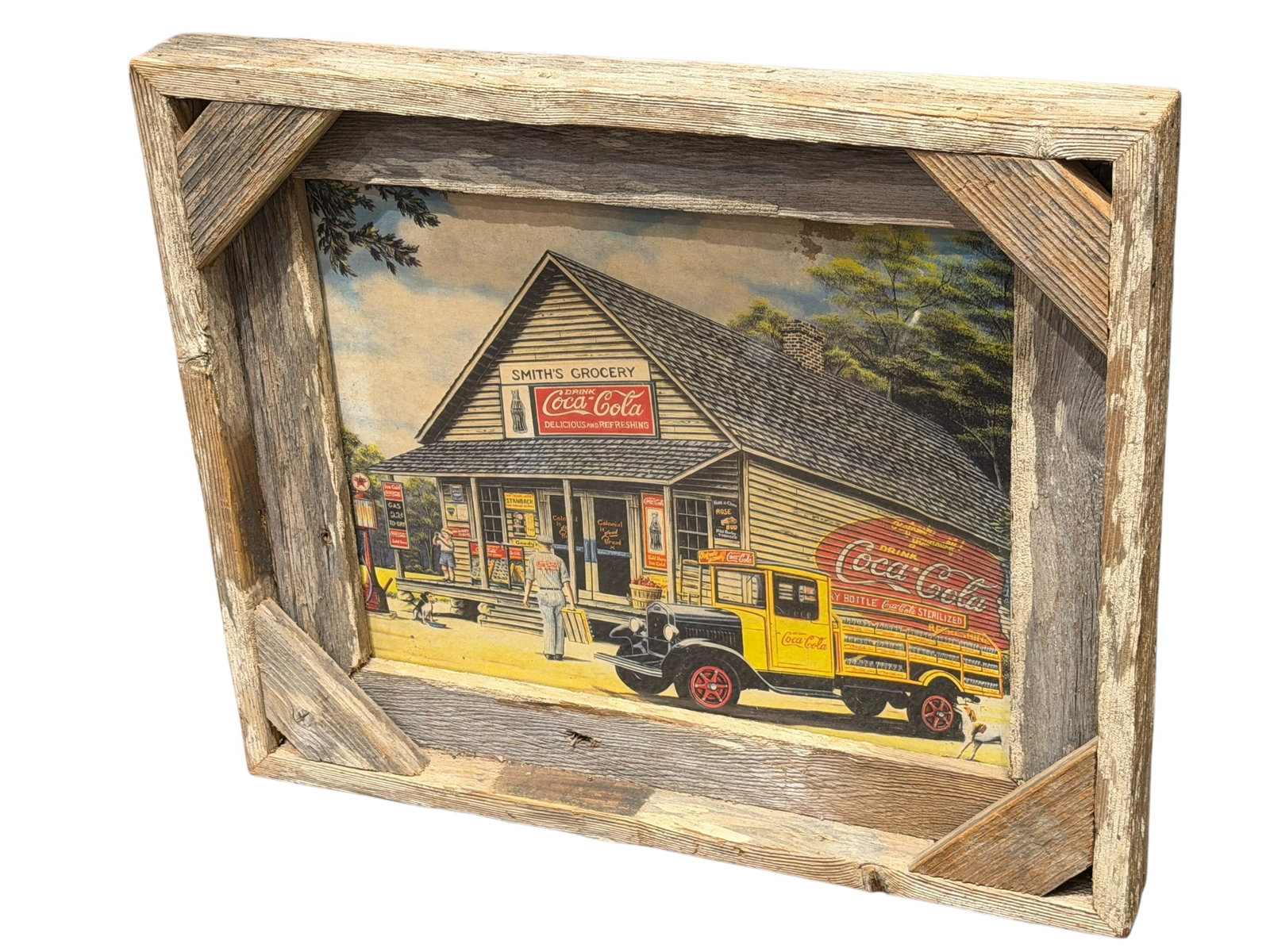 Coca Cola Advertising Sign in Rustic Frame: Artwork: "Smith's Grocery" (also known as "The Pause That Refreshes") by artist Pamela C. Renfroe, originally painted around 1989–1993, featuring a nostalgic 1940s/50s general store scene with a cla