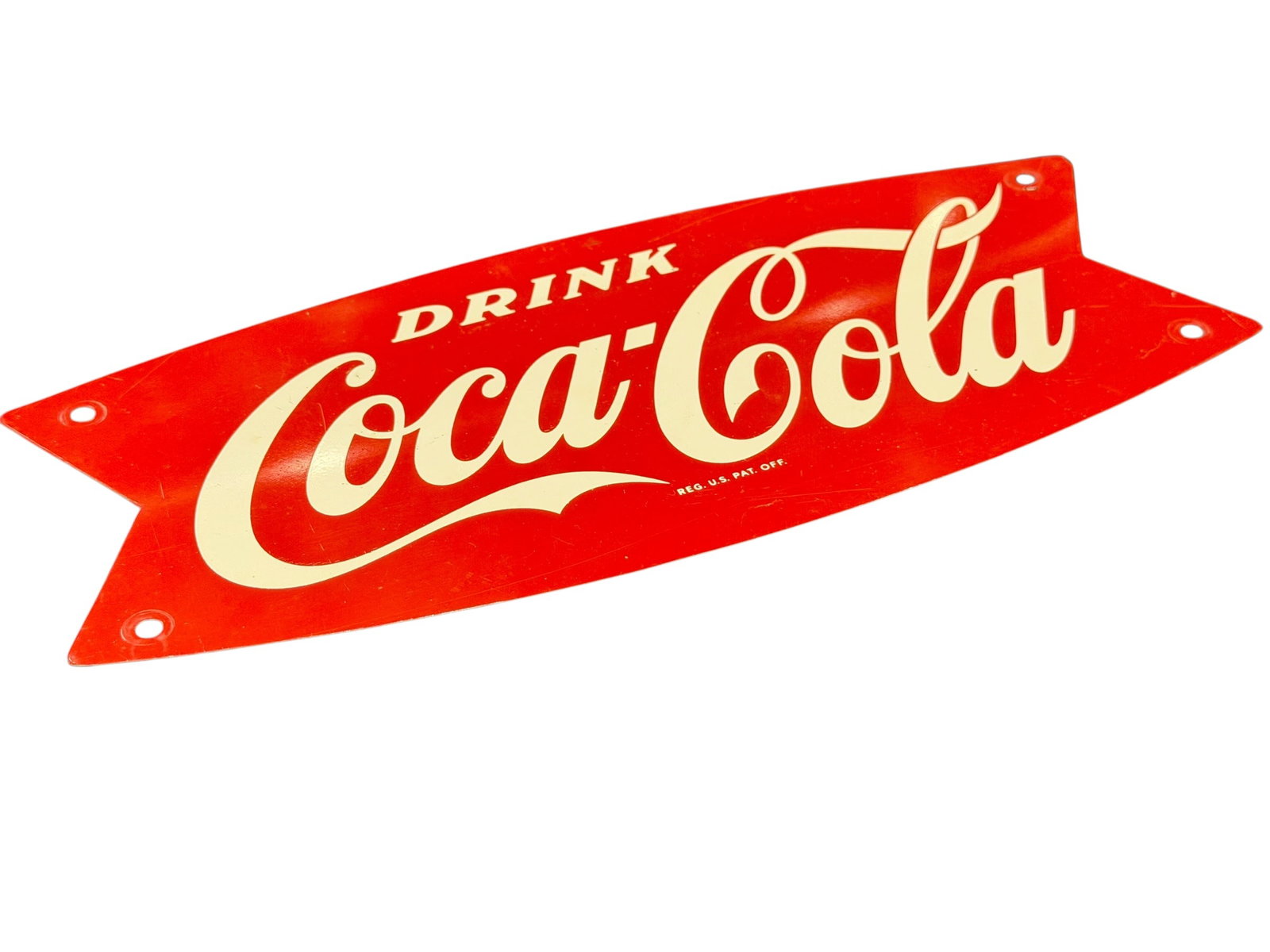 Red and White Coca Cola Advertising Sign: This is a Coca-Cola "Fishtail" metal advertising sign from the mid-20th century (commonly dating back to the 1950s or 1960s), featuring the iconic red and white arciform design with the classic "Drink