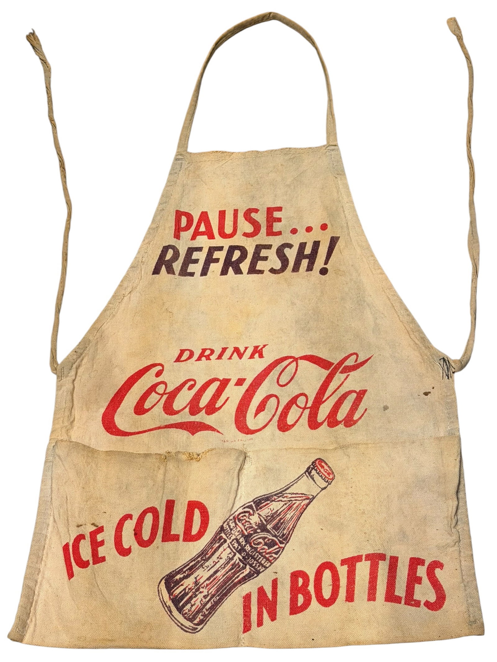 Coca Cola Advertising Apron: This is an original vintage Coca-Cola vendor change apron from the 1940s to 1950s, made of heavy natural canvas with front utility pockets. [1, 2]Design Features: Red and black graphics featuring the 