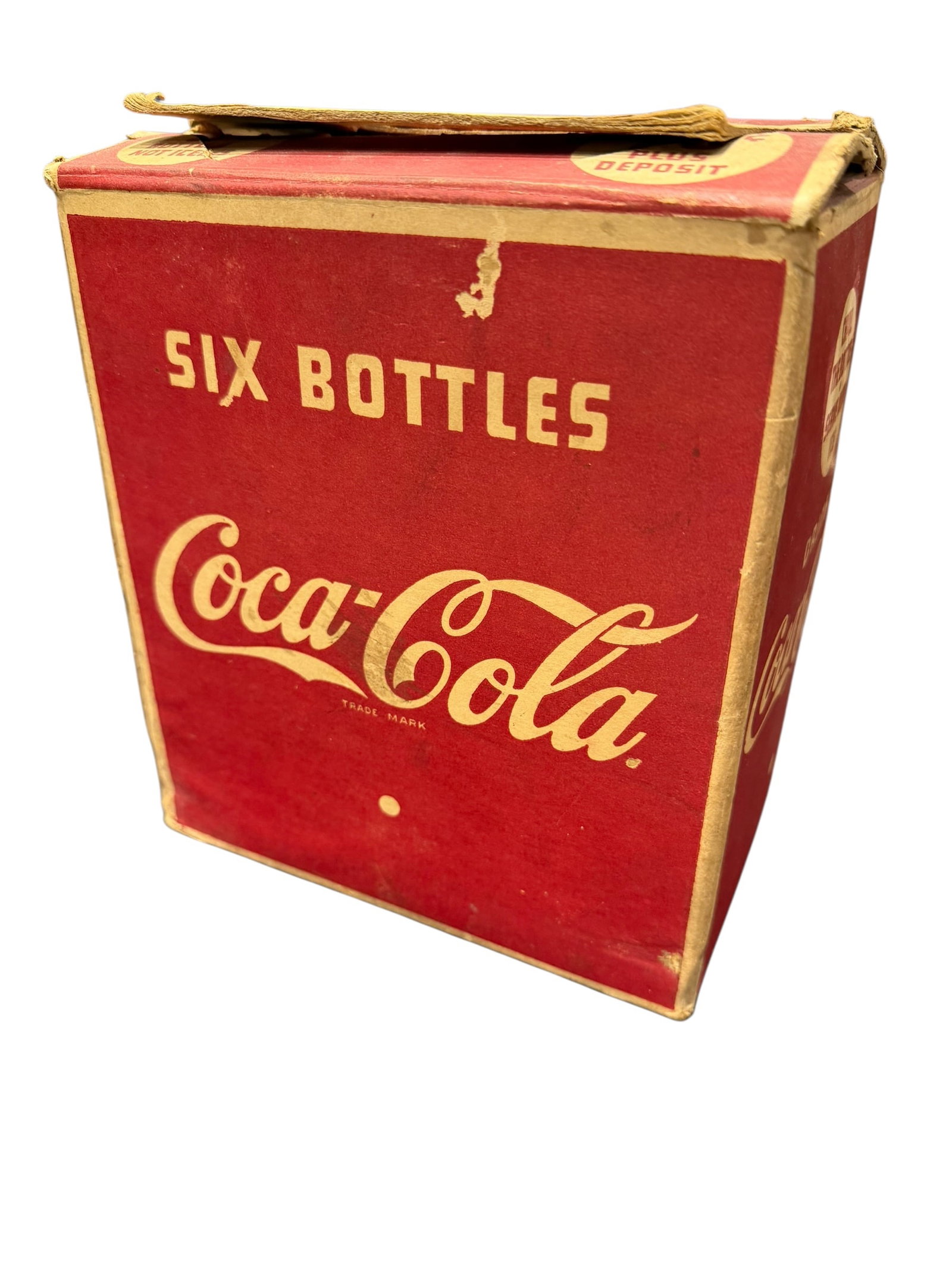 Rare Vintage 1930’s - 40’s Coca Cola 6 Bottle Cardboard Carrier: This vintage red-and-white cardboard Coca-Cola six-bottle carton dates back to the 1930s era of advertising when paper and card stock carriers were first popularized. [1, 2]Key DetailsDesign: Classic 