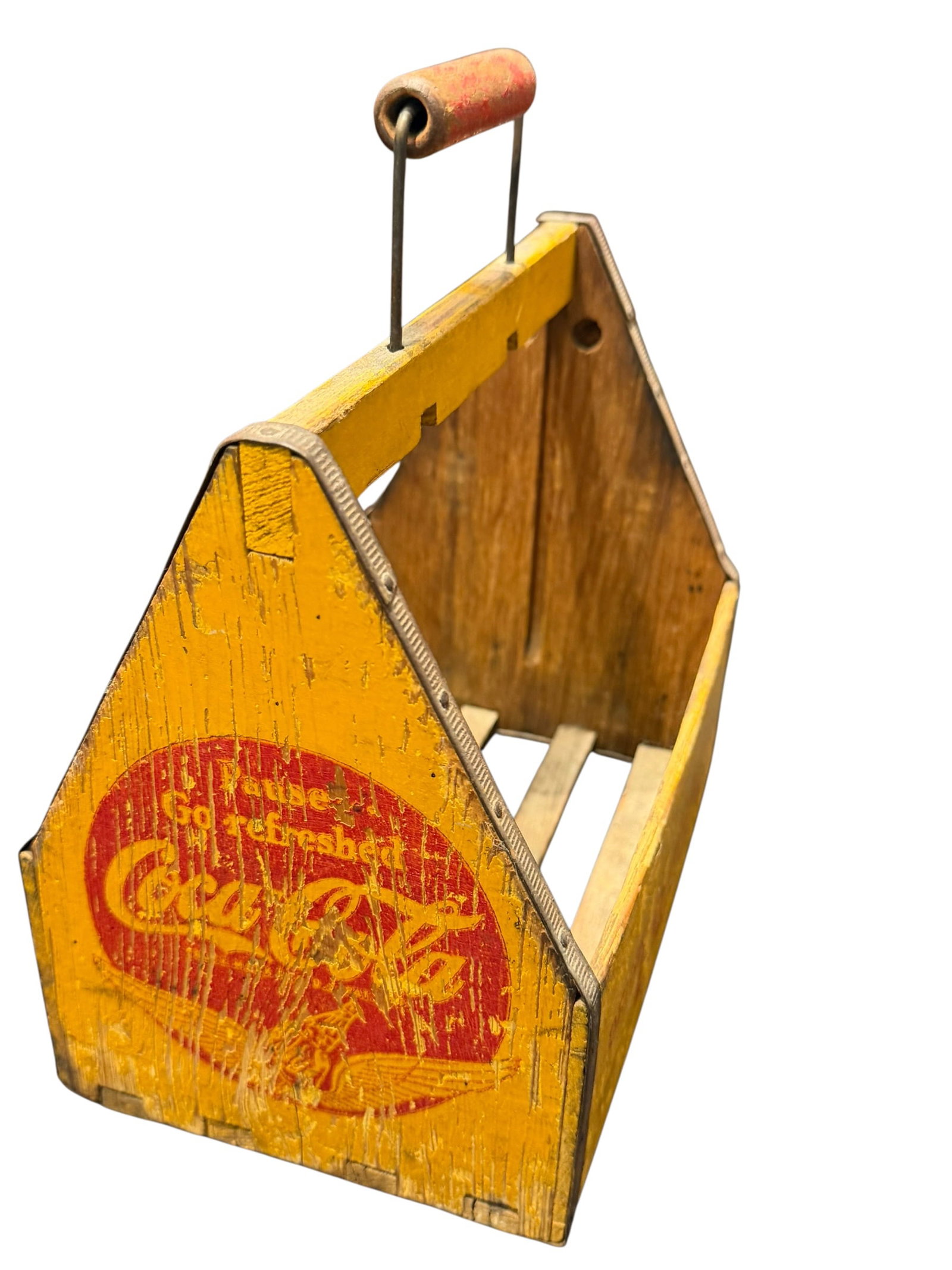 Vintage 1940’s WWII-Era Coca Cola “War Wings?? Yellow Wooden 6 Pack Carrier: This is a vintage 1941 Coca-Cola "Pause... Go Refreshed" six-pack bottle carrier featuring the scarce World War II-era "War Wings" graphic logo on its yellow-painted wooden body. [1, 2]Item: Vintage