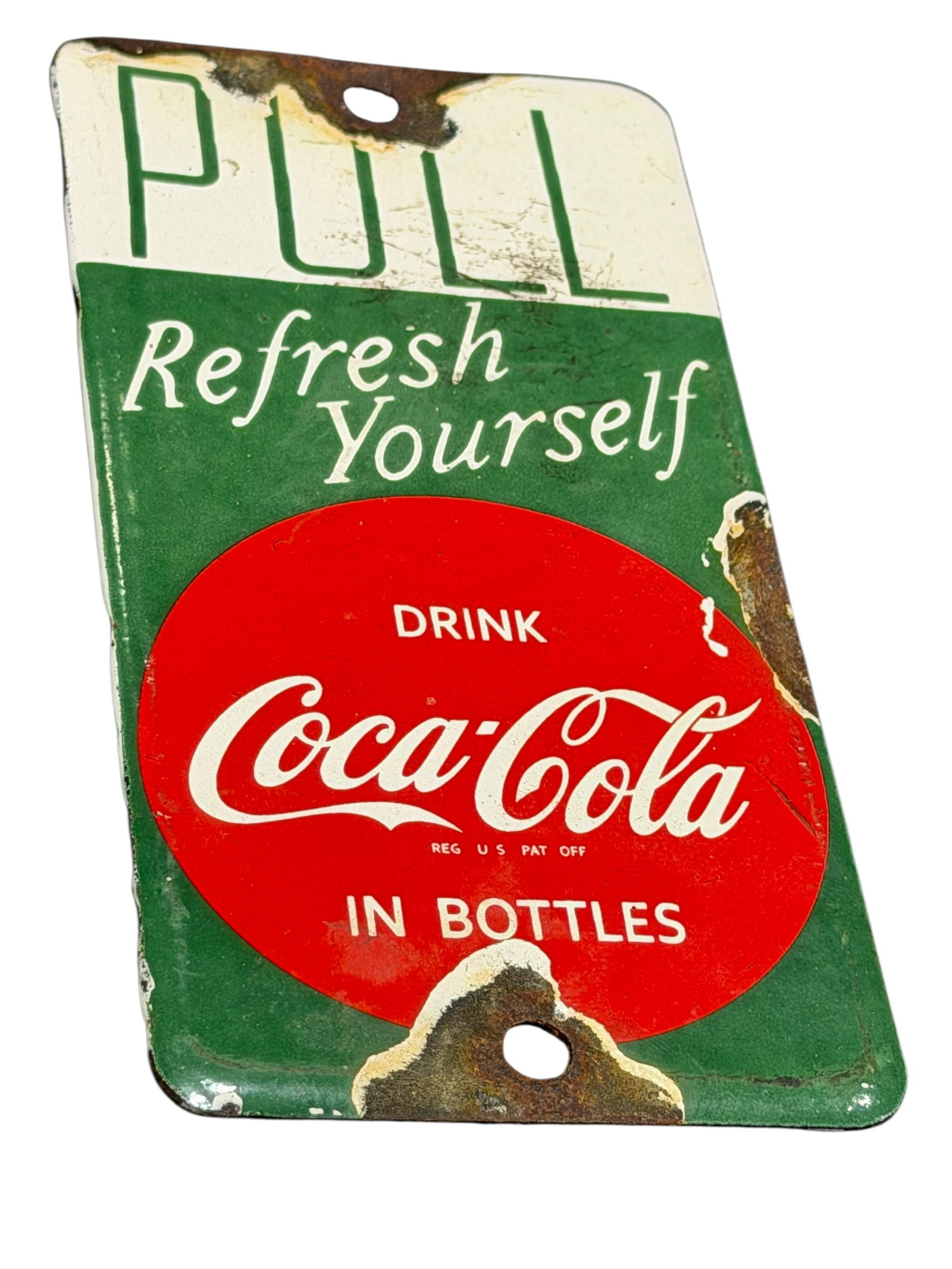 Early Coca Cola Porcelain Door Push: This image shows a vintage green-and-white porcelain Coca-Cola "Pull" door plate featuring the classic red disc logo and the phrase "Refresh Yourself". [1]Item Type: Mid-20th-century porcelain enamel 