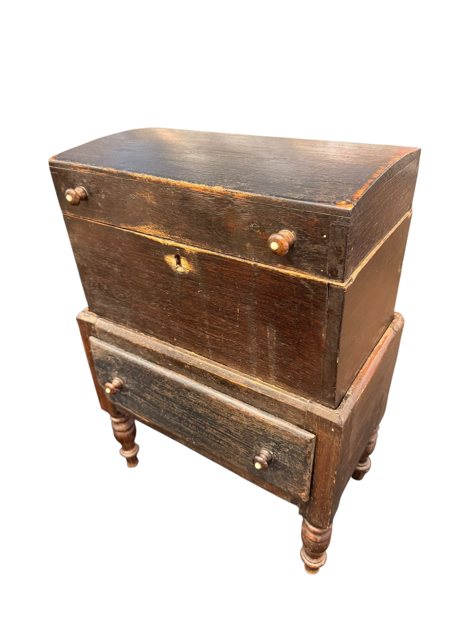 Early Cherry Miniature Chest on Frame: This item is an antique 19th-century American miniature Sheraton chest on frame, heavily resembling regional styles commonly identified as a Southern sugar chest or miniature blanket chest.Key Charact