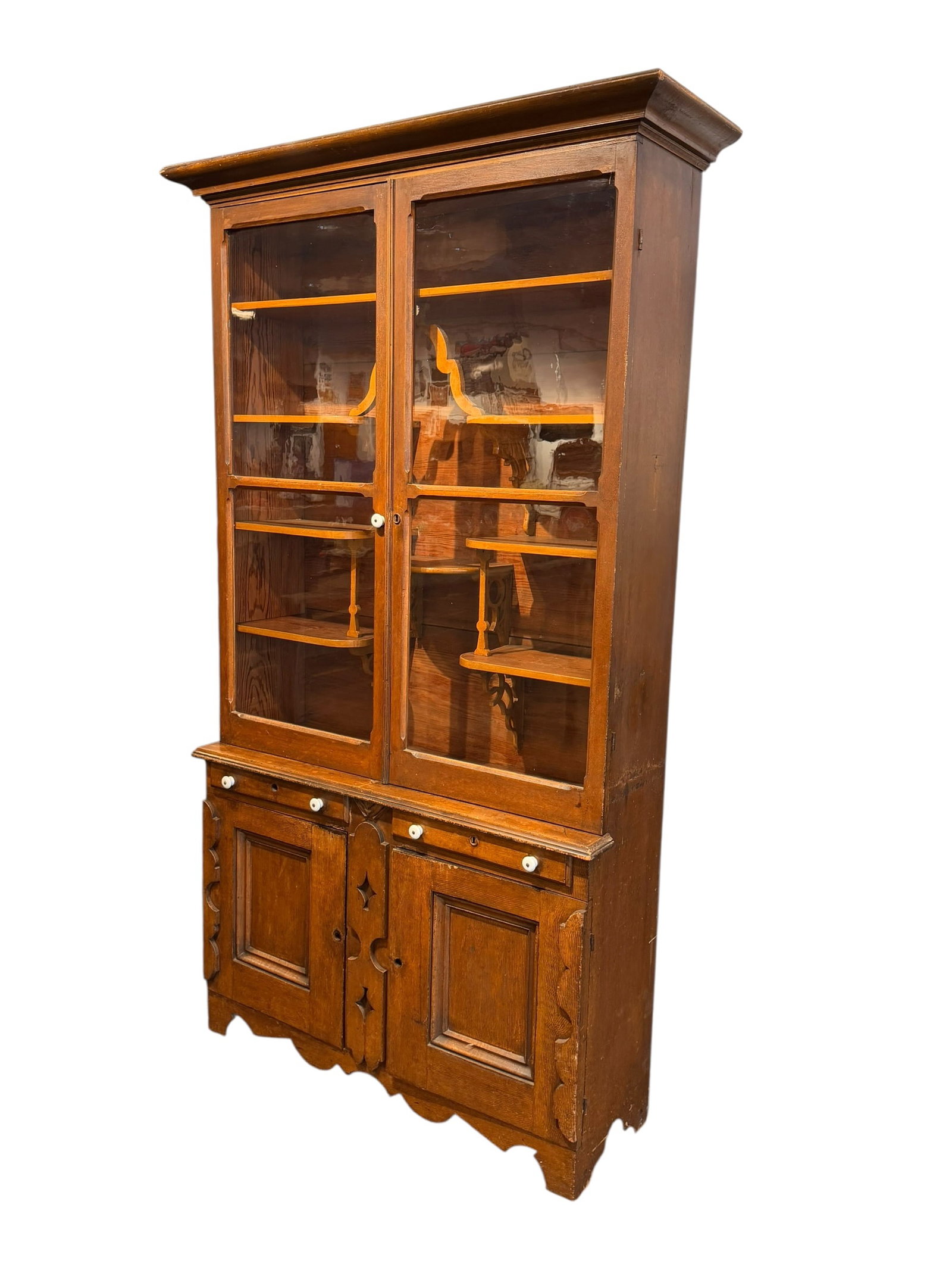 Walnut Stopback Cupboard: This piece is a classic antique stepback hutch bookcase cabinet, typically styled in a late 19th-century American Victorian or country farmhouse aesthetic. It features a two-tier configuration: a