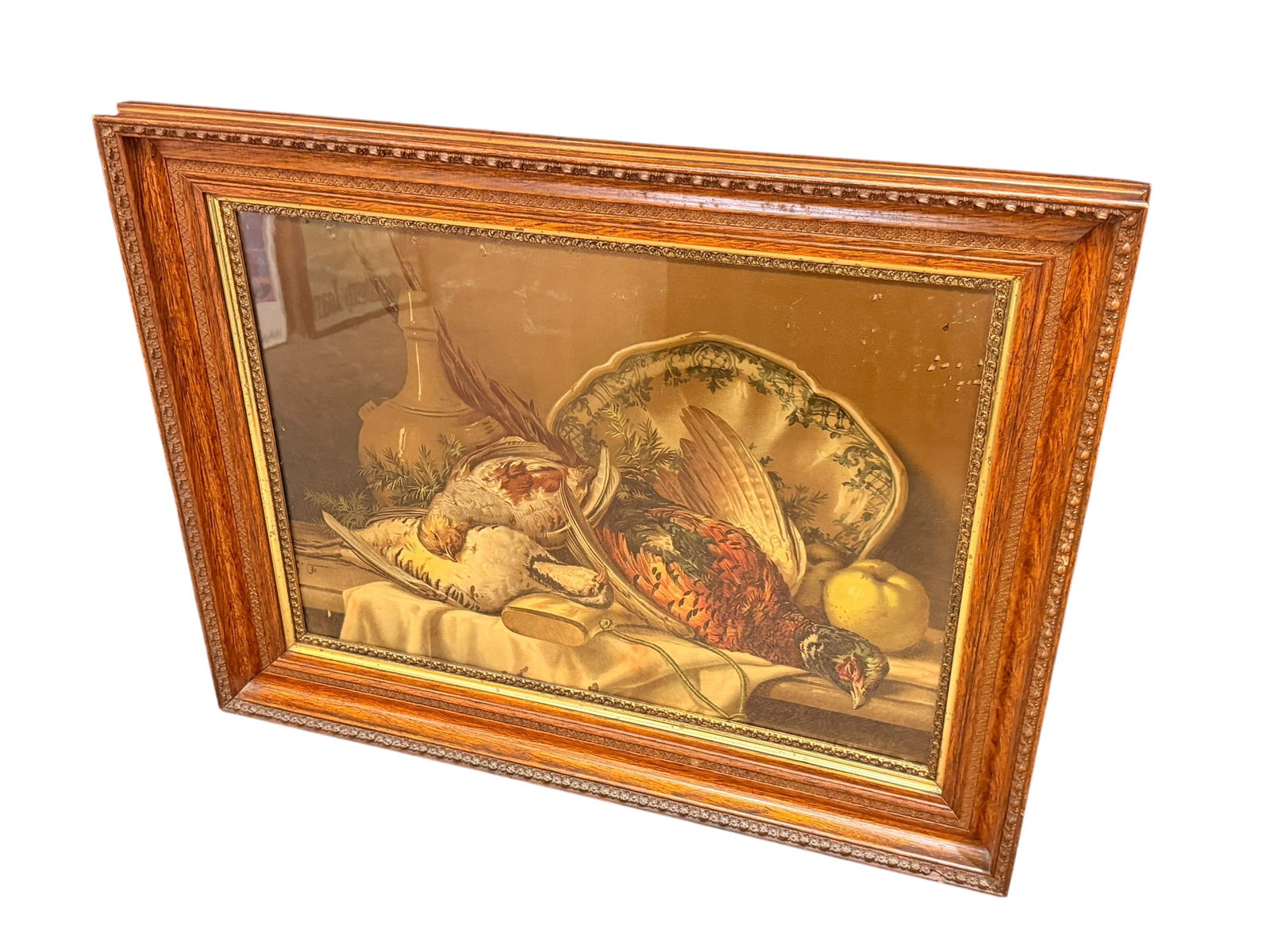 Signed Framed Still Life Print: This artwork is a vintage chromolithograph print of a classic hunting trophy still life by the 19th-century Italian painter Giuseppe Falchetti (1843–1918). [1, 2]The piece depicts a traditional culi