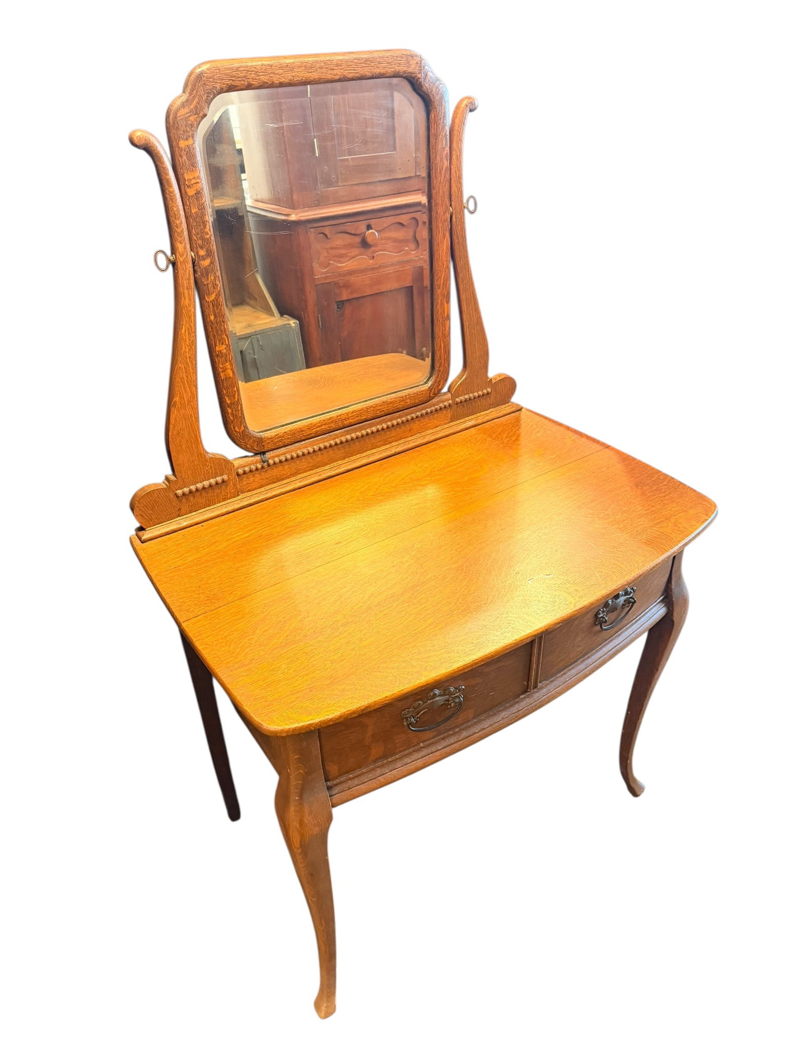 Walnut Vanity: This stunning piece is an antique French Provincial tiger oak vanity desk / dressing table dating from the early 20th century. [1, 2]Key Characteristics & FeaturesWood Composition: Built with highly