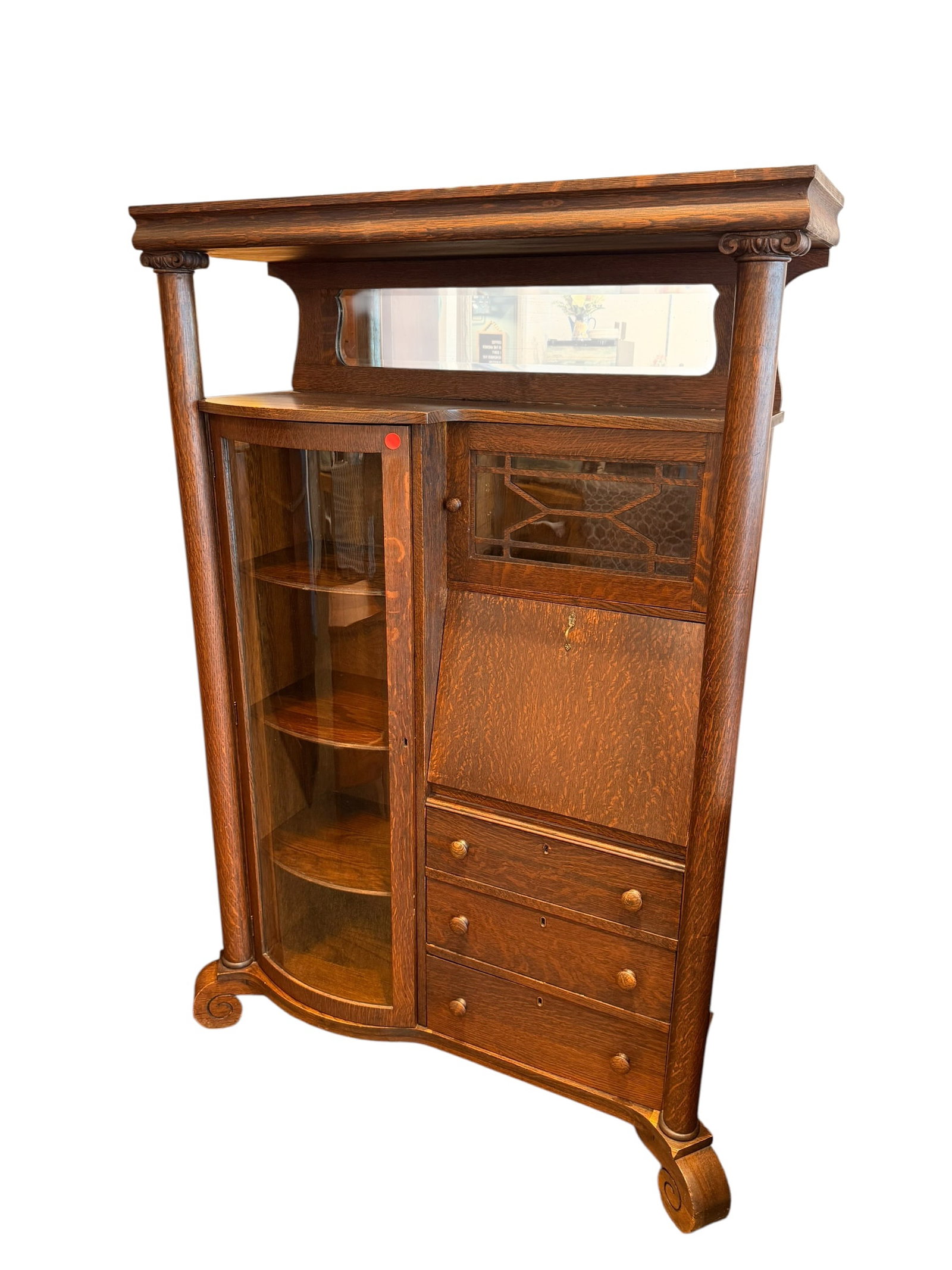 Oak Side By Side Secretary: This piece is an antique oak "side-by-side" secretary desk and curio cabinet, widely produced by the Larkin Furniture Co. and other American manufacturers during the Late Victorian to Early Edwardian