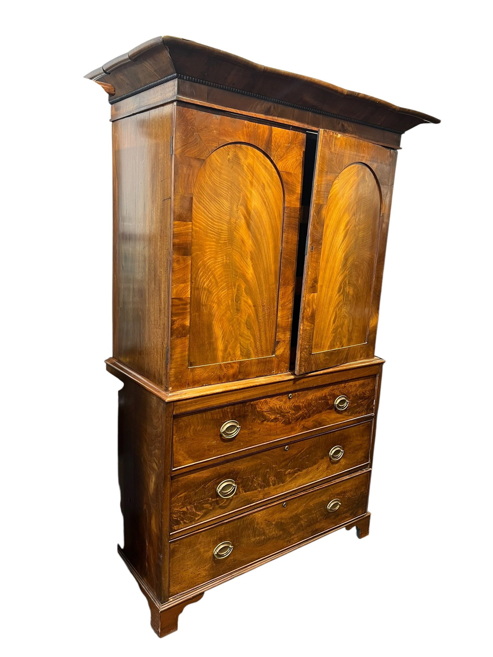 Flame Crotch Mahogany Linen Press: This piece of furniture is an authentic antique George III Mahogany Linen Press on Chest, dating to the late 18th or early 19th century (circa 1780–1810). [1, 2, 3]Key Characteristics &