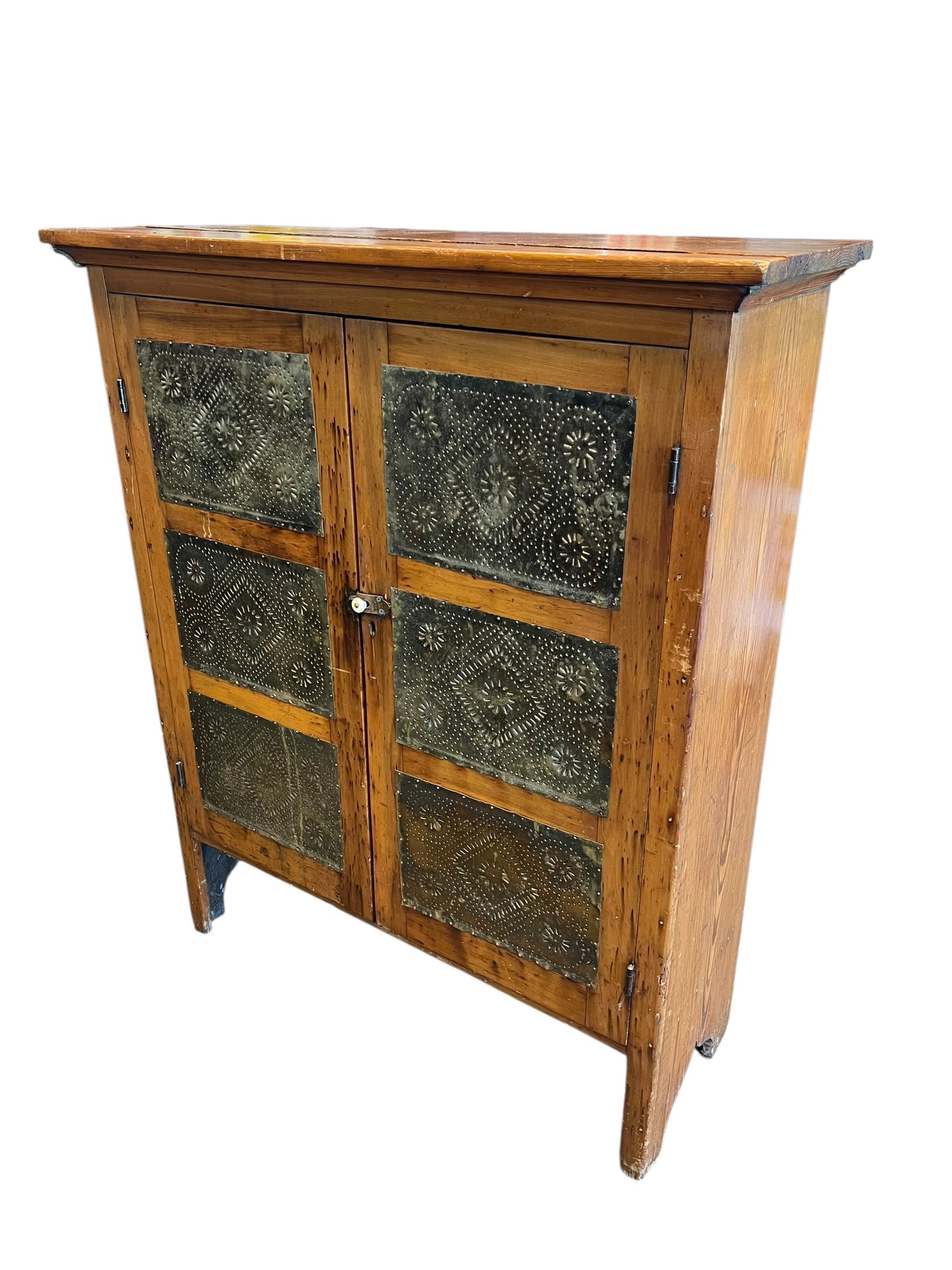 Pie safe: This appears to be an antique 19th-century American primitive pie safe, likely crafted from pine or poplar wood with distinctive punched tin panel doors featuring classic geometric and floral