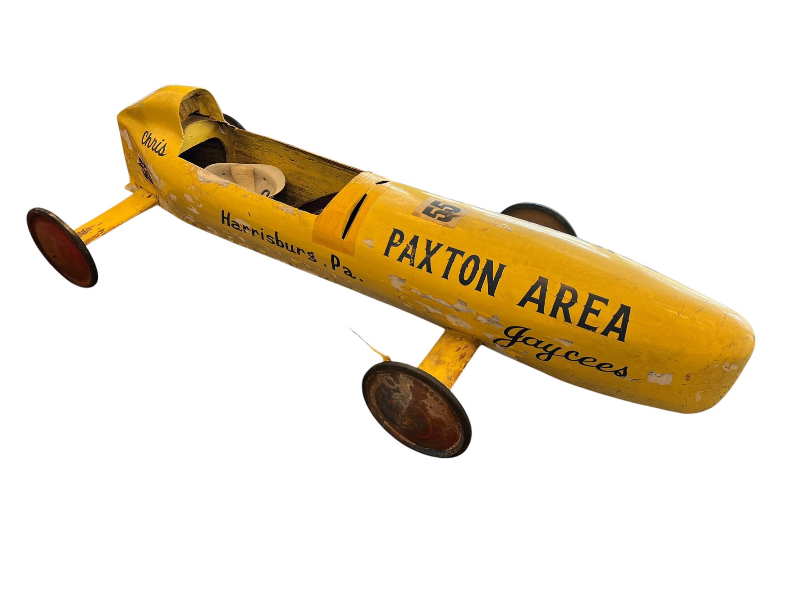 1960’s Payten Area Soap Box Racing Car: This appears to be a vintage wooden Soap Box Derby gravity racer from the mid-20th century, featuring hand-painted lettering for the "Paxton Area Jaycees" of Harrisburg, Pennsylvania, and car number 5