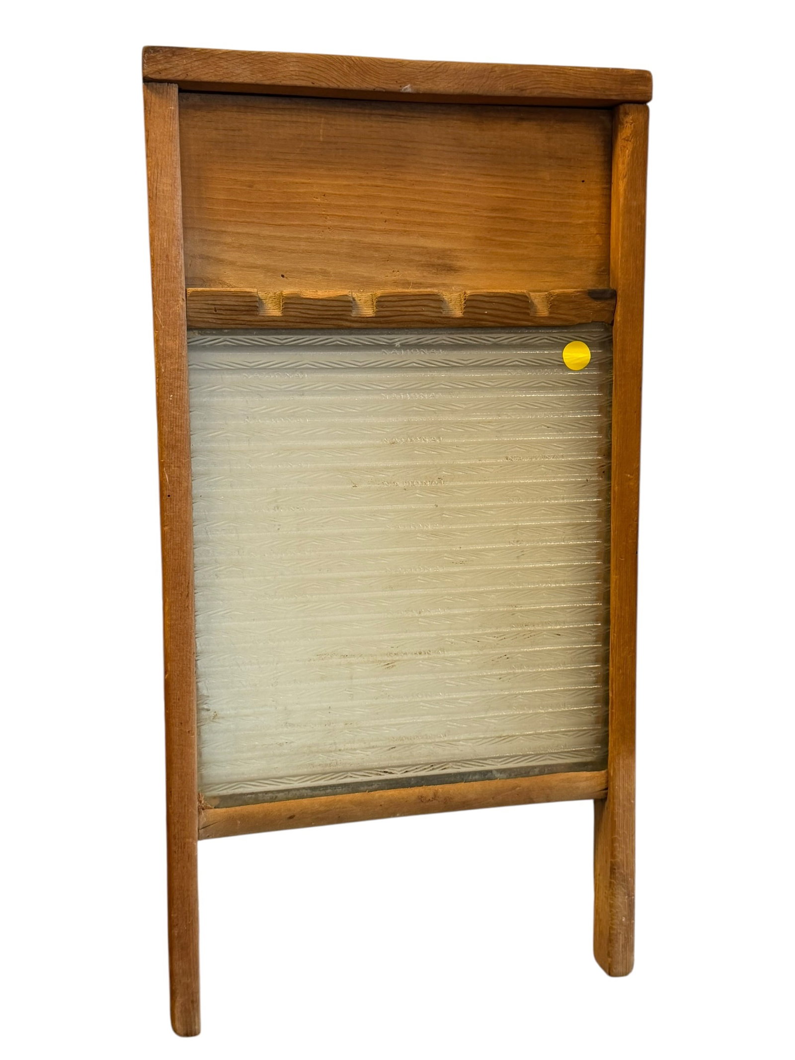 Wooden Framed Washboard with Corrugated Glass: This image features a vintage wooden washboard with a rippled glass scrub surface, commonly used for laundry or as rustic farmhouse decor. [1, 2]Appears to be an antique or vintage piece dating from t