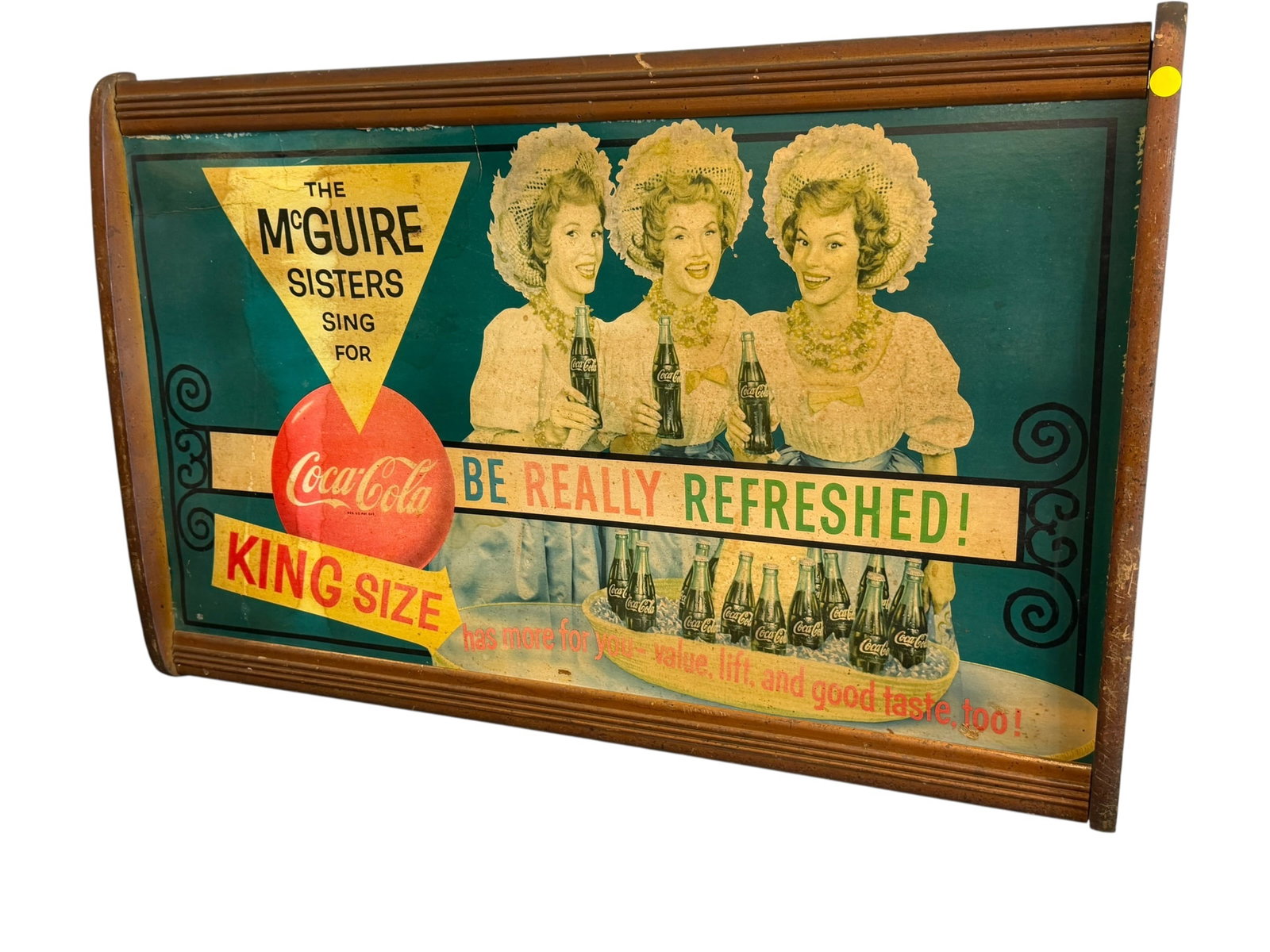 “McGuire Sisters?? Coca Cola Cardboard Advertising bag holder: This item is an original 1959 Coca-Cola point-of-purchase cardboard store display sign featuring the famous singing group, The McGuire Sisters. It features the iconic "Be Really Refreshed!" marketing 