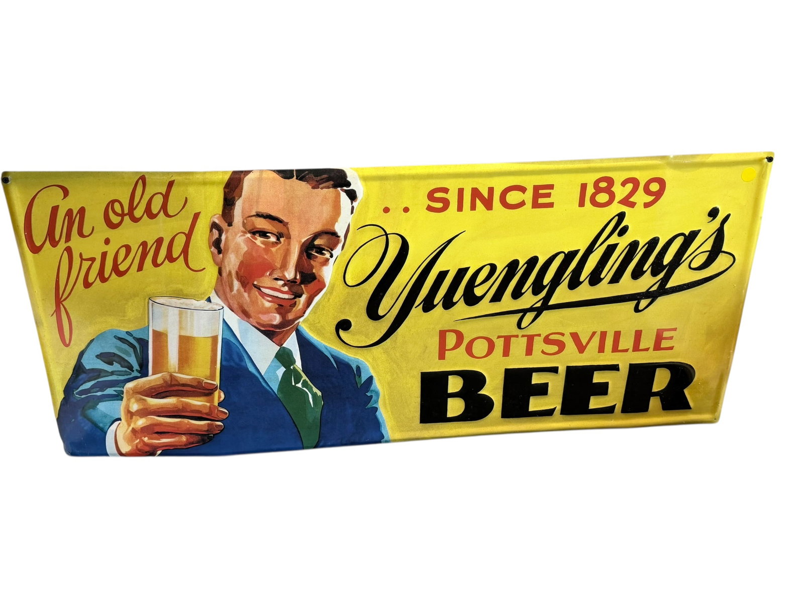 Yuengling’s Pottsville Beer Metal Advertising Sign: This image features a vintage Yuengling's Pottsville Beer metal advertising sign. The design is based on a classic 1940s Yuengling outdoor advertisement. [1, 2]Key Design ElementsThe Artwork: It featu