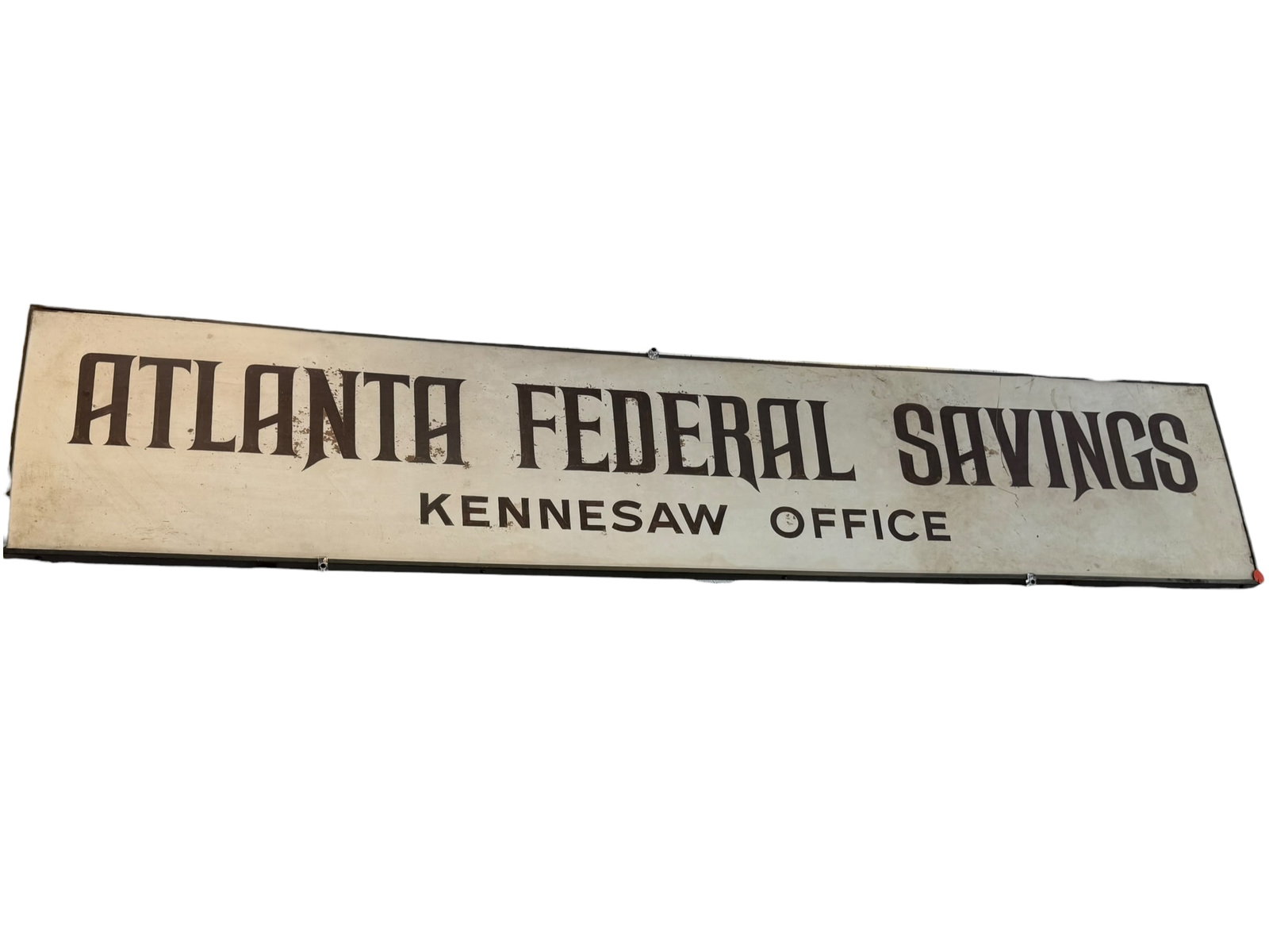 Atlanta Federal Savings Advertising Sign: This is a vintage rectangular branch sign from Atlanta Federal Savings, a former Georgia-based savings and loan association, designating its Kennesaw office.Appears to be a painted metal or composite
