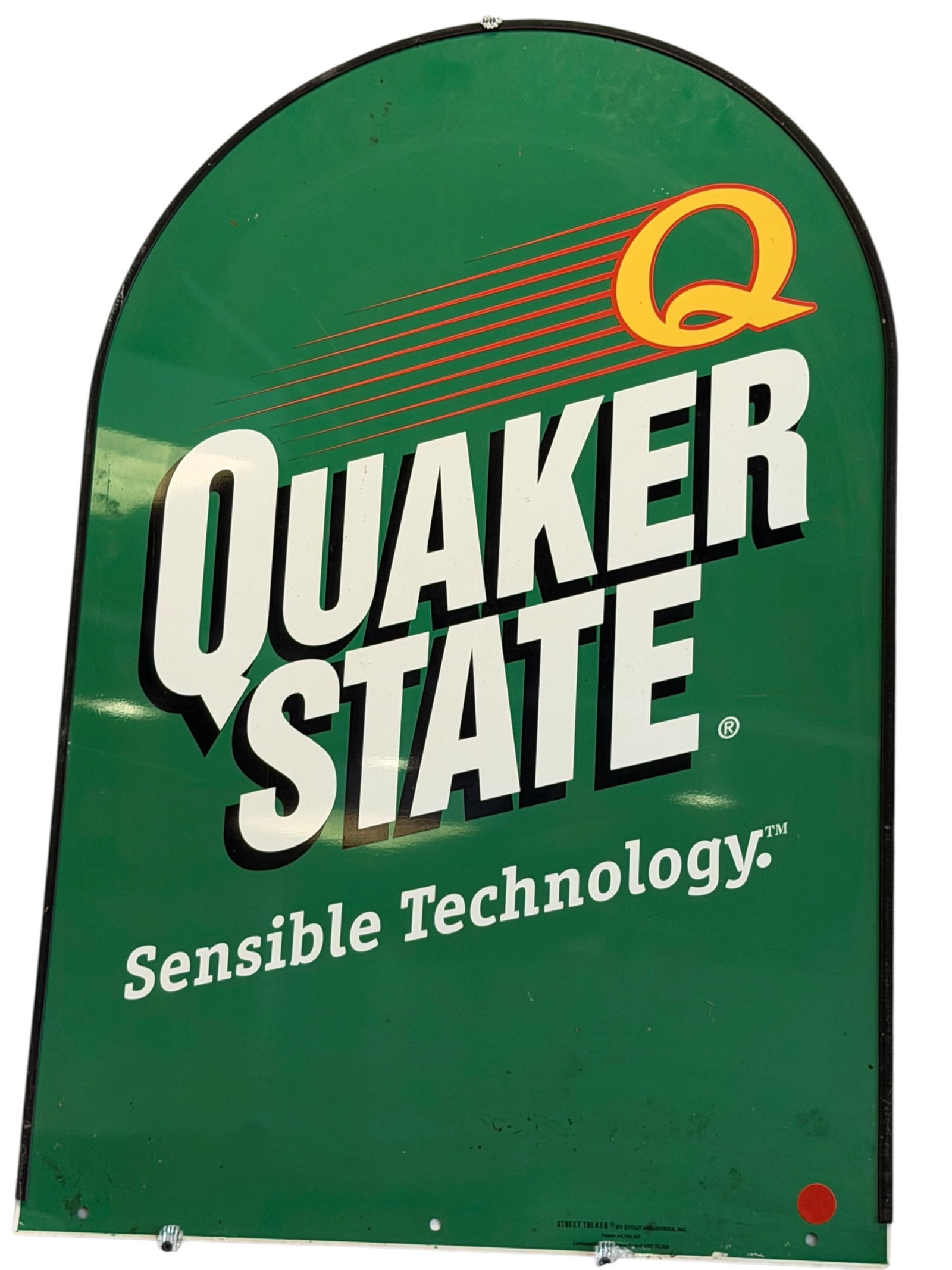 Quaker State Metal Advertising Sign: The image shows a vintage double-sided metal "tombstone" style Quaker State motor oil sidewalk sign featuring a green background and the "Sensible Technology" branding. [1]Appears to be an original 19
