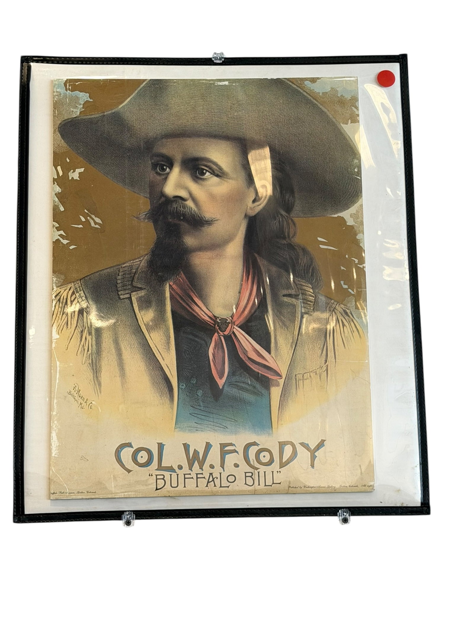 Framed Portrait Print of Col. William F. Cody “Buffalo Bill: The displayed item appears to be a vintage color lithograph poster of Colonel William F. "Buffalo Bill" Cody, produced around 1888 by the lithographic firm A. Hoen & Co. of Baltimore, featuring artwor