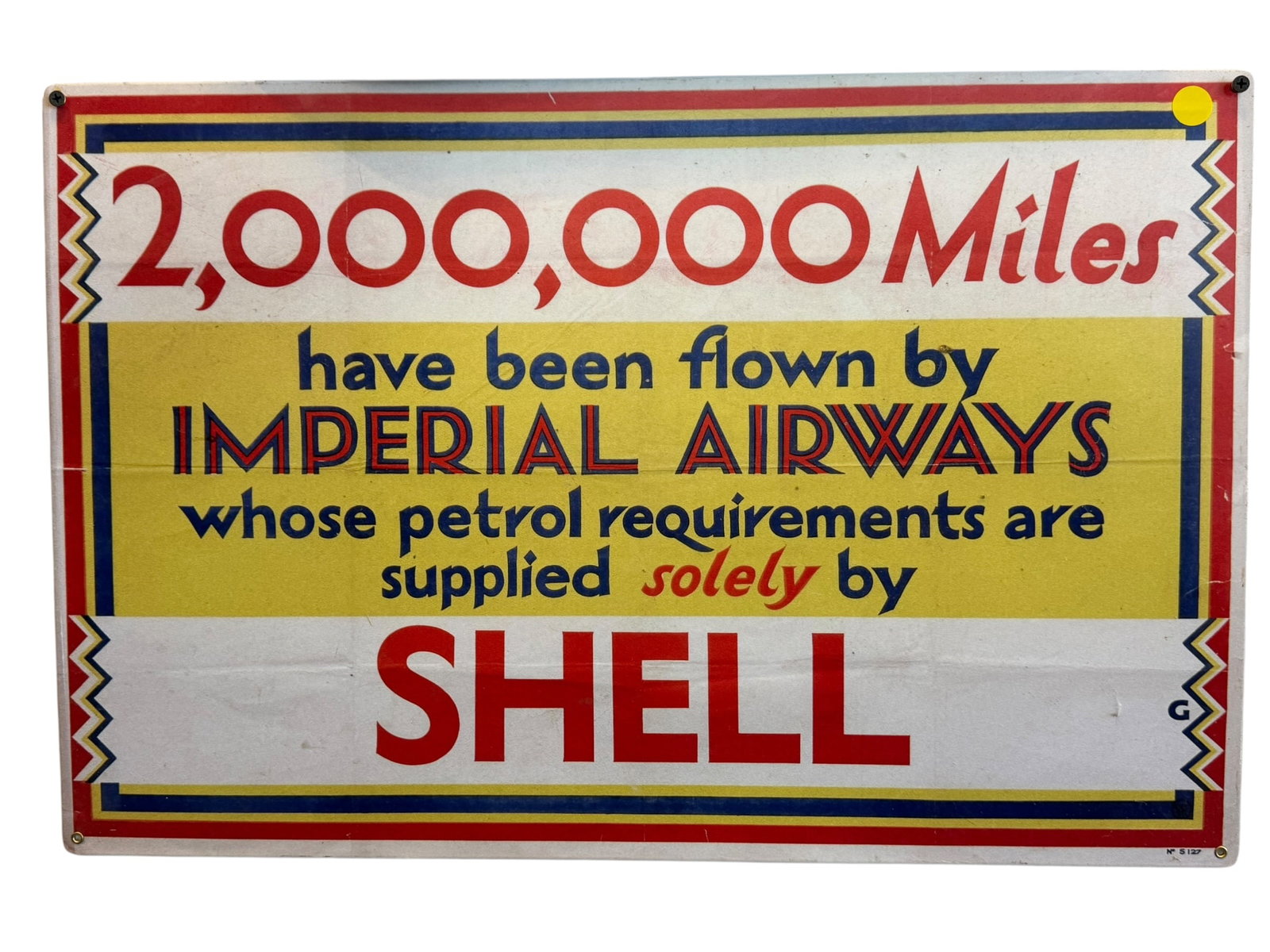 Imperial Airways Metal Advertising Sign: This appears to be a vintage reproduction or heavy-duty metal advertising sign celebrating Imperial Airways and Shell. [1, 2]Subject & Theme: Features historical aviation branding celebrating "2,000,0