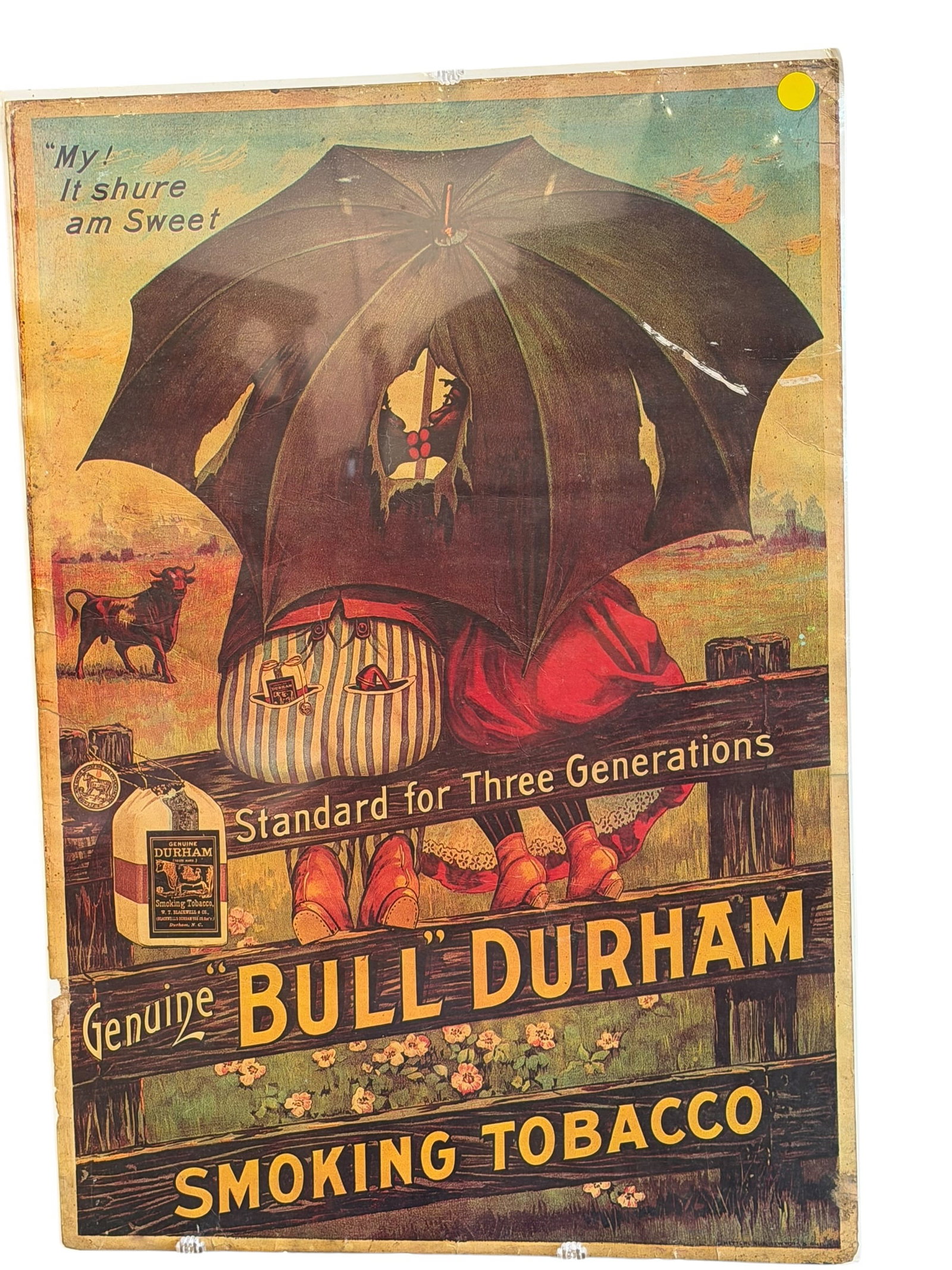 Bull Durham Advertising Poster: The provided image appears to show an original vintage color lithographic advertising poster for Bull Durham Smoking Tobacco, featuring the iconic "Standard for Three Generations" imagery with a
