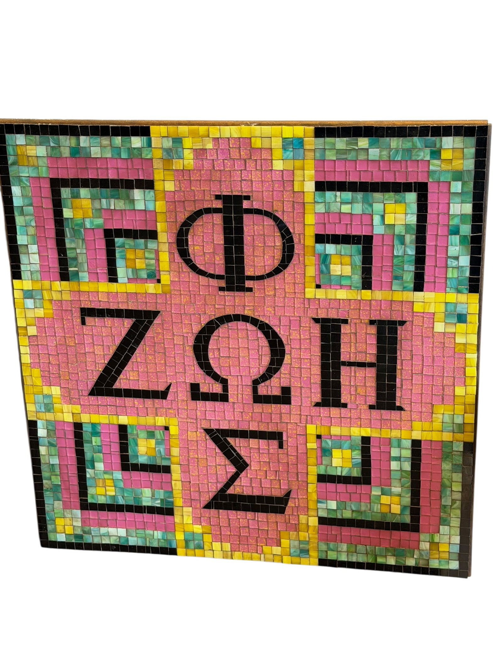 Framed Mosaic Art Piece: The displayed mosaic artwork appears to feature a handmade geometric tile composition displaying the ancient Greek Christian phrase ??? ??? (meaning "Light and Life") arranged in a cross configuration