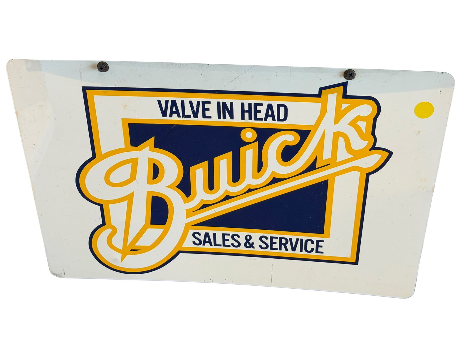 Buick Valve in Head Metal Advertising Sign: The image displays a vintage advertising sign featuring the classic 1930s-style Buick "Valve In Head" logo. [1, 2]Design Elements & HistoryTypography: The distinctive, flowing cursive Buick script cut